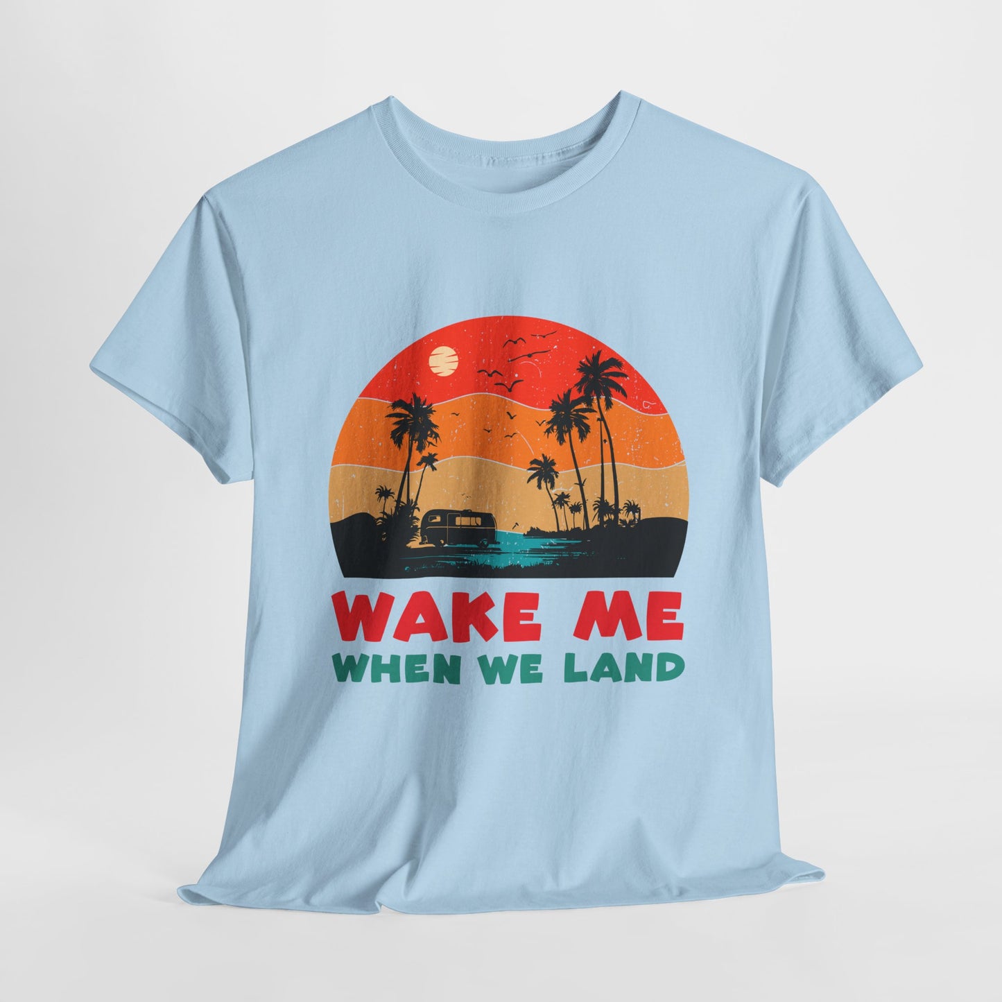 Wake Me When We Land T-Shirt - Funny Jet Lag Travel Retro Sunset Tee