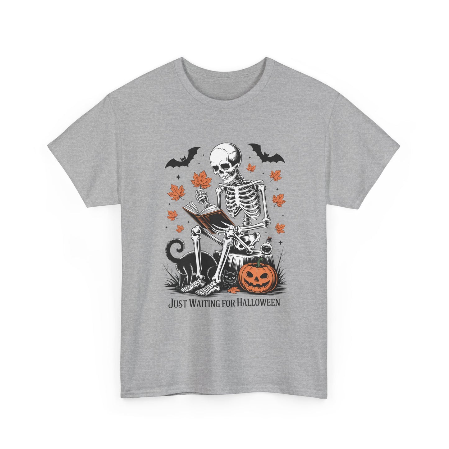 Just Waiting for Halloween T-Shirt - Cozy Spooky Skeleton Reading Tee
