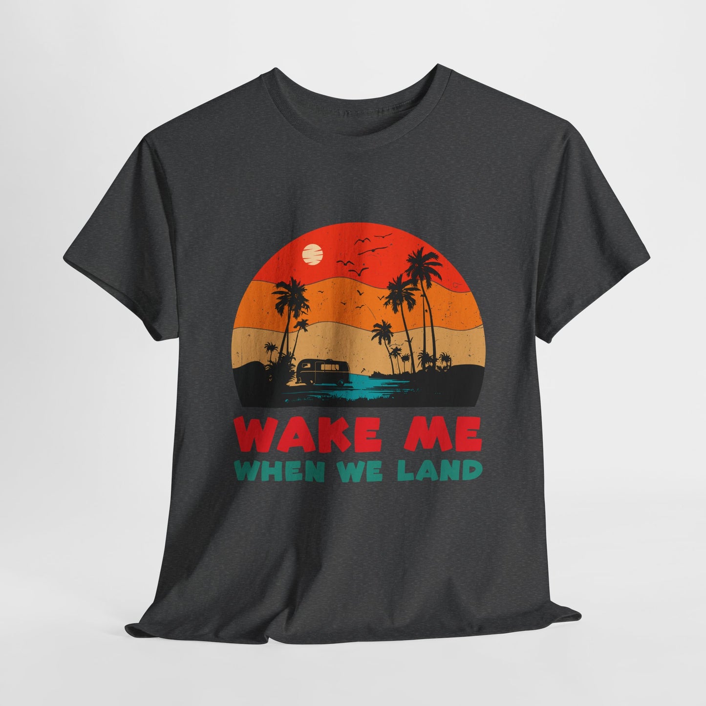 Wake Me When We Land T-Shirt - Funny Jet Lag Travel Retro Sunset Tee