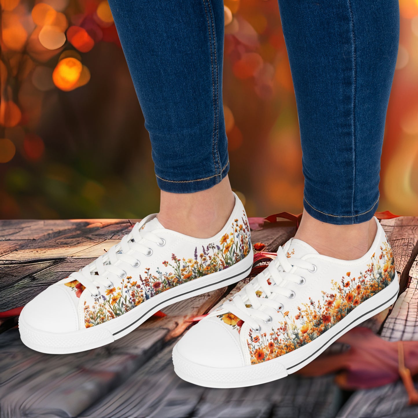 Autumn Flowers Womens Low Top Sneakers - Fall Floral Canvas Shoes with Memory Foam Insole, Botanical Print, Comfortable Casual Gift for Her