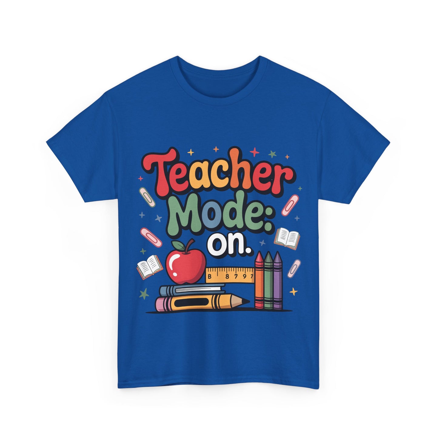Teacher Mode On Shirt - Cute Back to School Tee with Crayons, Books & Apple, Positive Teacher Gift for Classroom Heroes