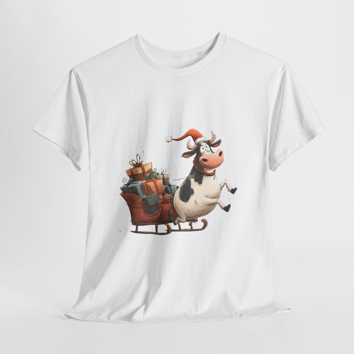 Santa Cow Sleigh Christmas T-Shirt - Funny Cow Pulling Sleigh Tee