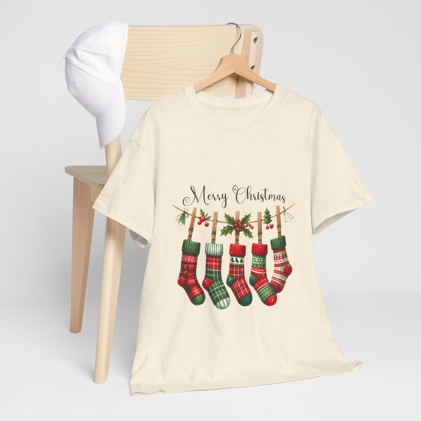Merry Christmas Stockings T-Shirt - Five Plaid Stockings on Garland