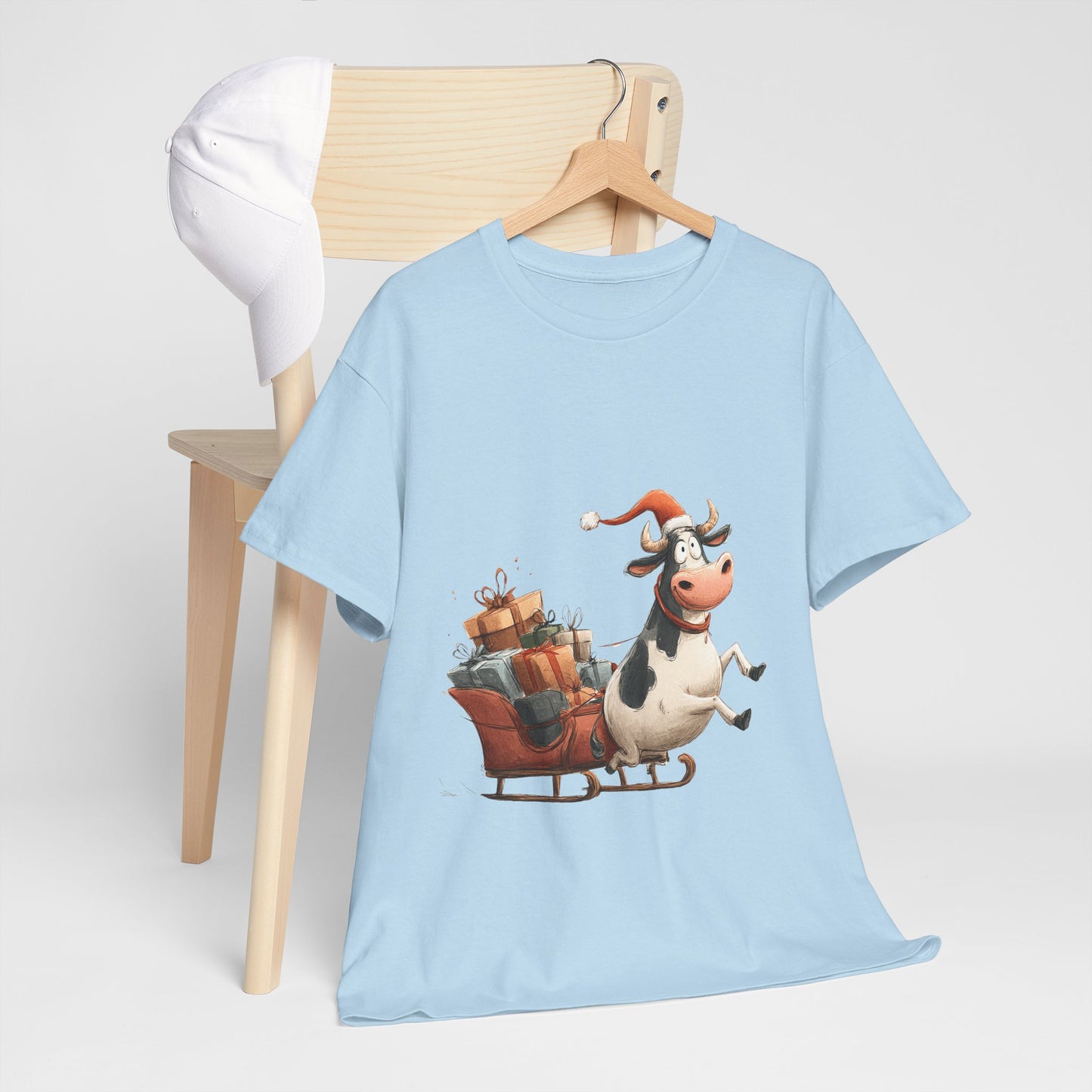 Santa Cow Sleigh Christmas T-Shirt - Funny Cow Pulling Sleigh Tee