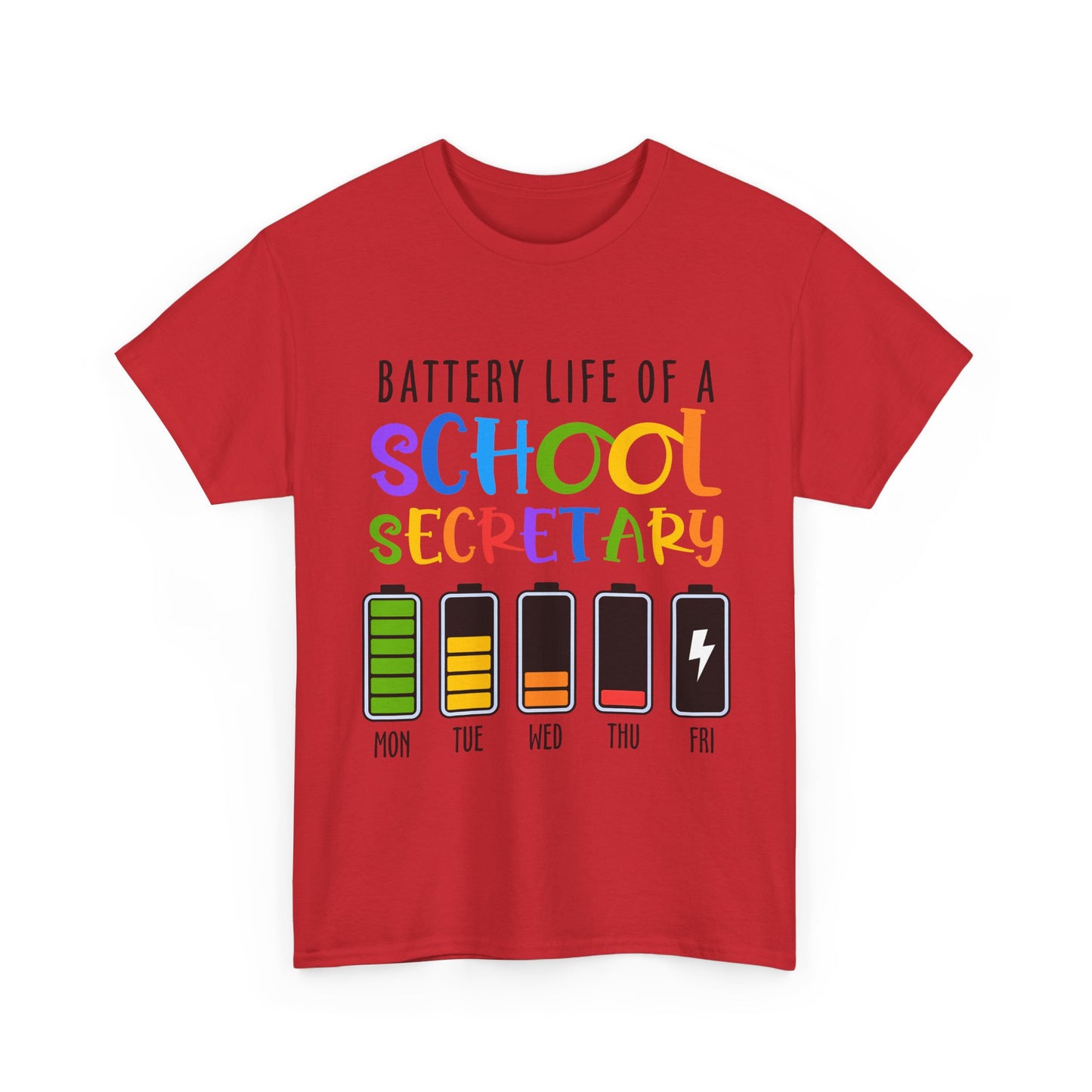 School Secretary Battery Shirt - Funny Rainbow Staff Tee for School Office Life, End of Year Exhaustion Gift for Secretaries