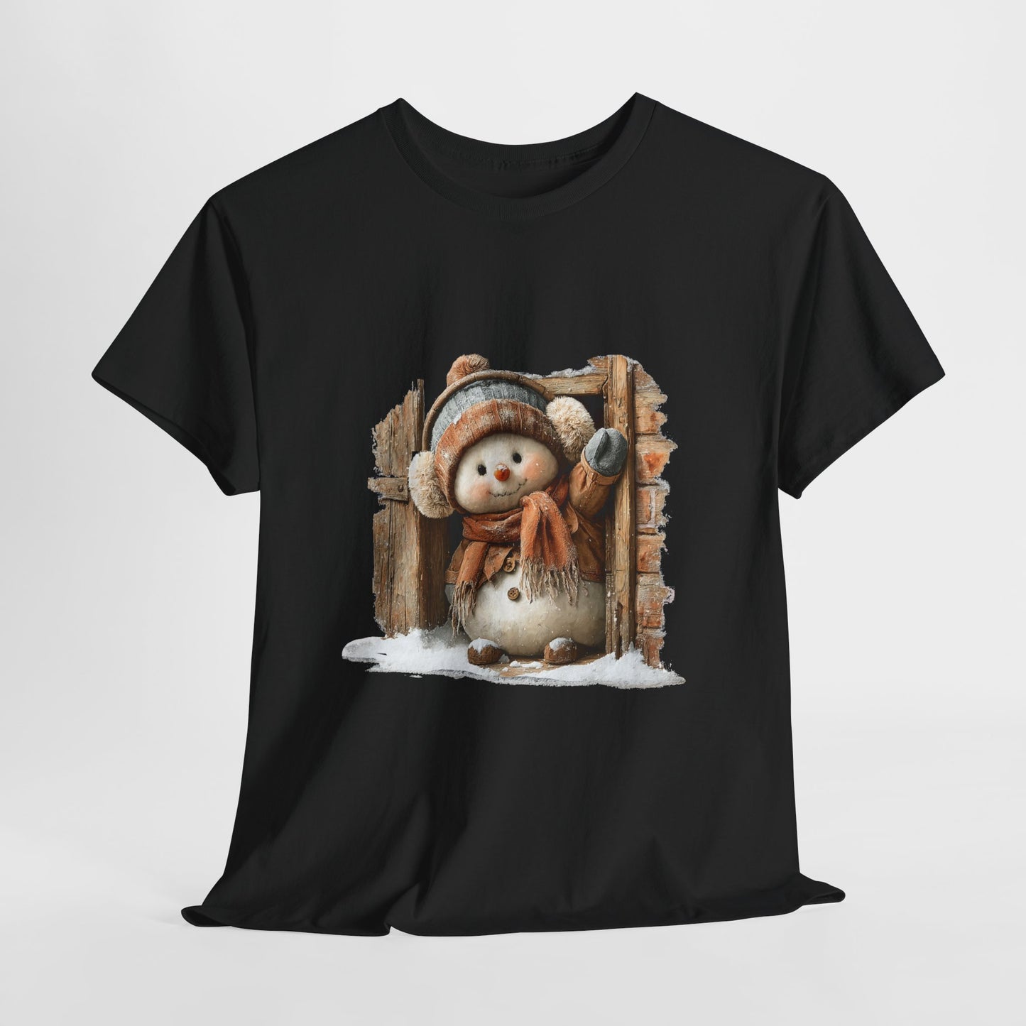 Waving Doorway Snowman Christmas T-Shirt - Cabin Snowman in Beanie & Ear Muffs