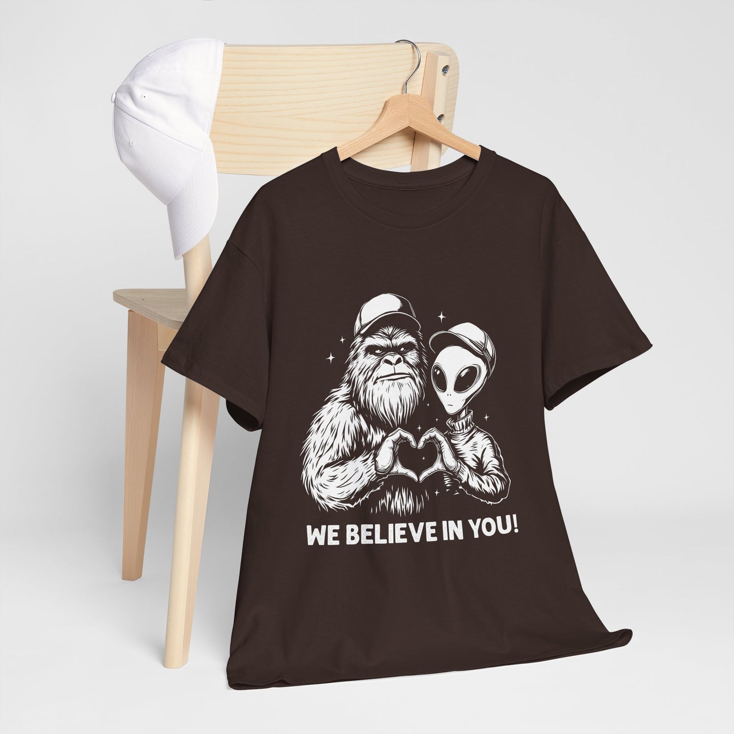 We Believe In You T-Shirt - Bigfoot & Alien Heart Hands Tee