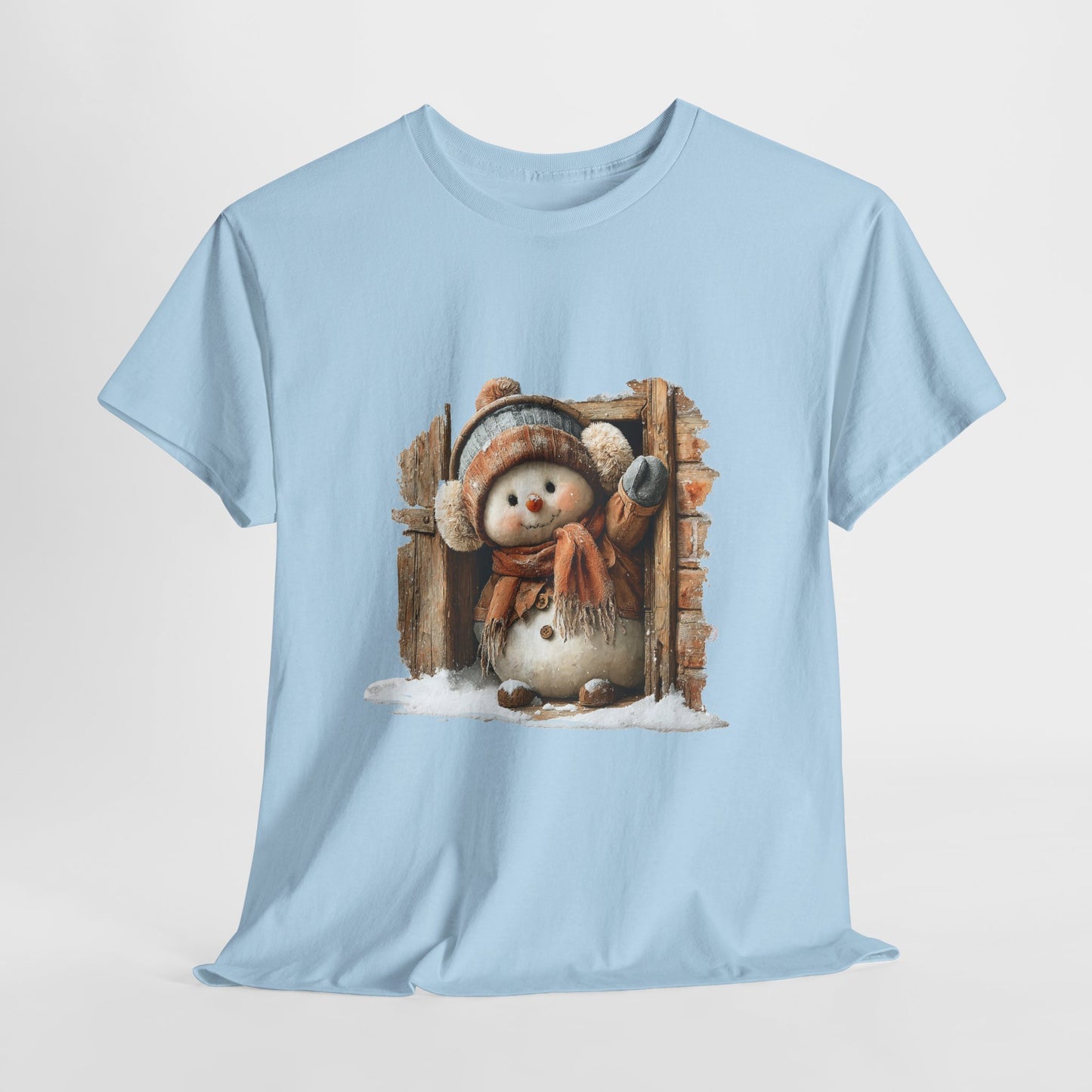 Waving Doorway Snowman Christmas T-Shirt - Cabin Snowman in Beanie & Ear Muffs
