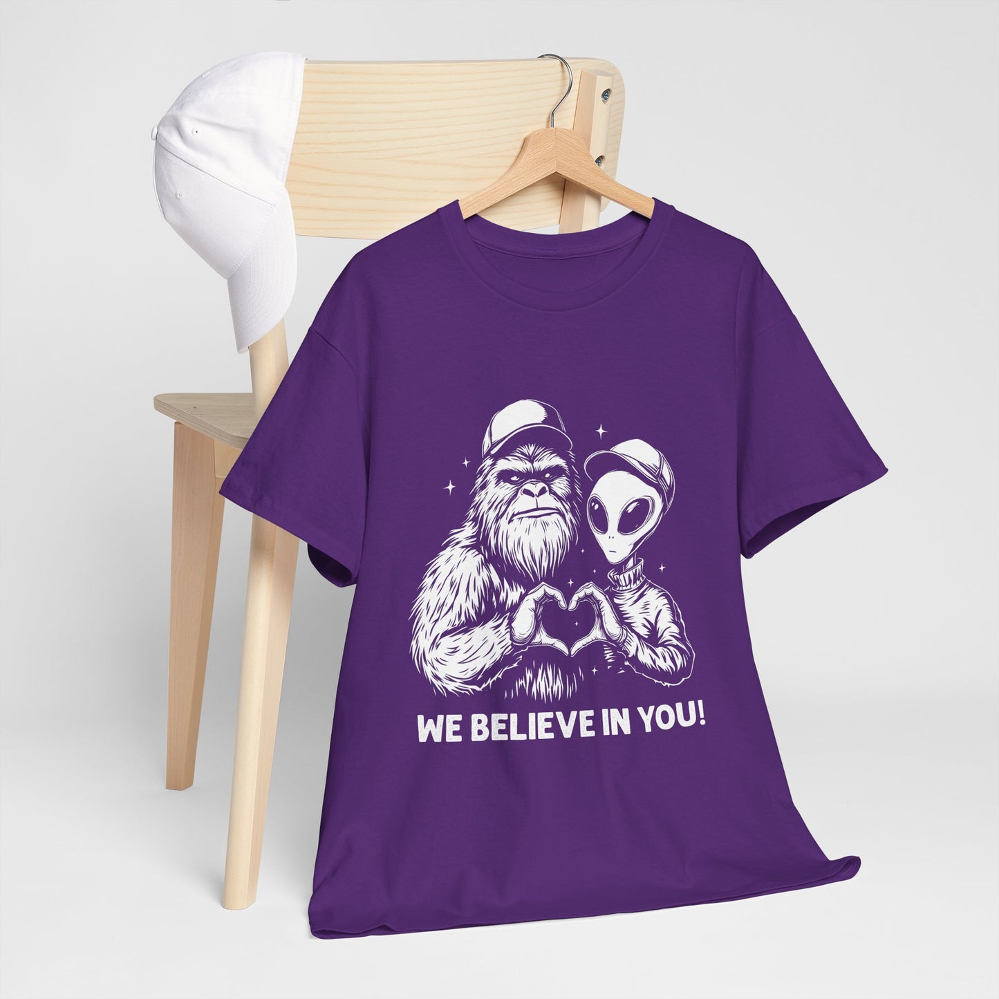 We Believe In You T-Shirt - Bigfoot & Alien Heart Hands Tee