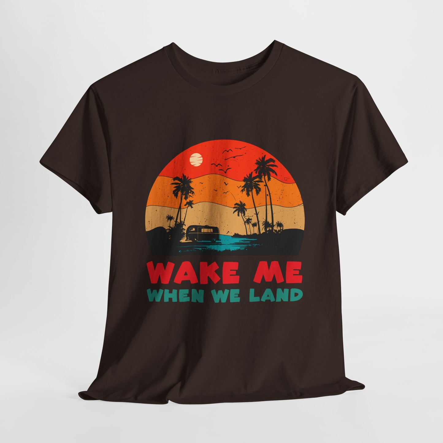 Wake Me When We Land T-Shirt - Funny Jet Lag Travel Retro Sunset Tee