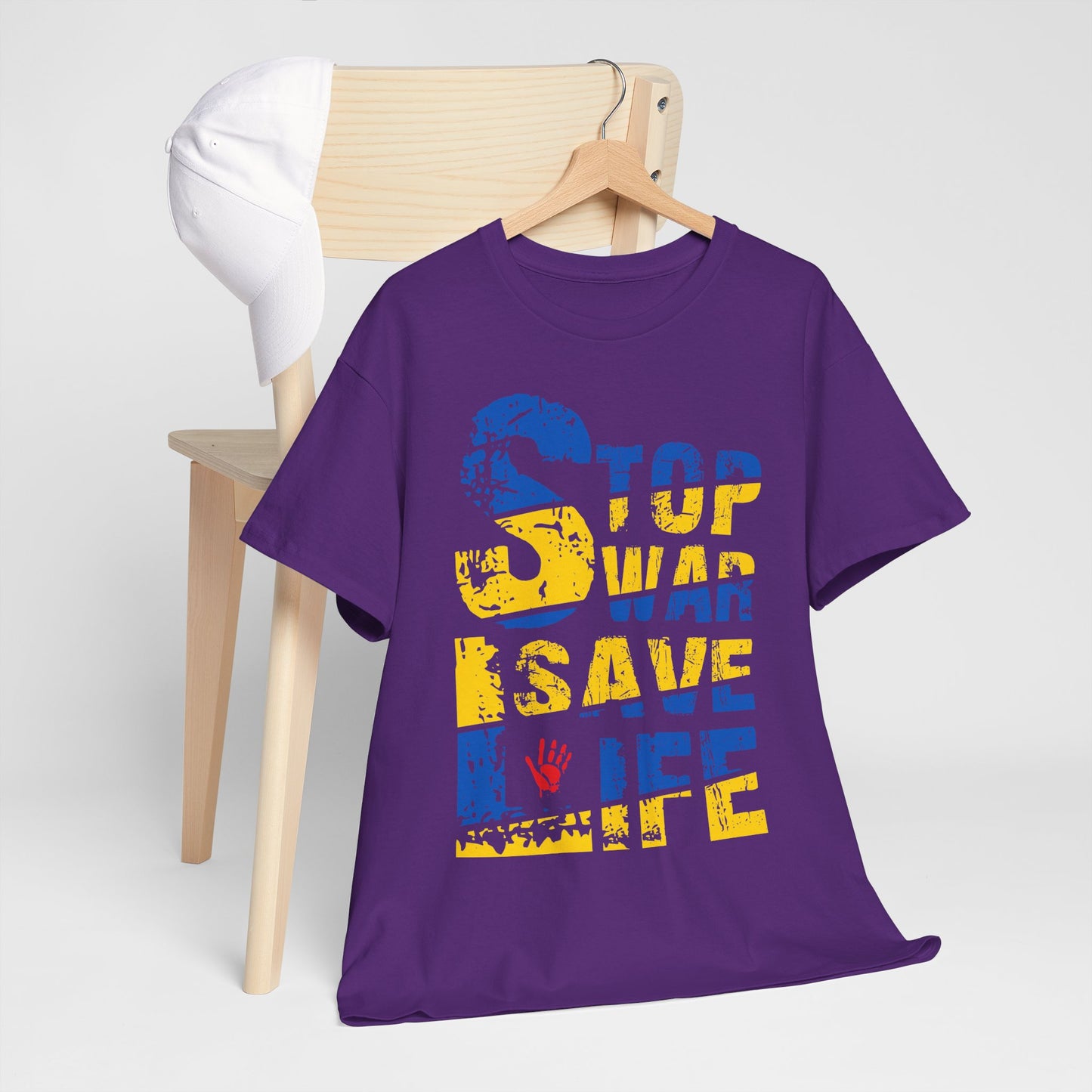 Stop War Save Life Shirt - Blue & Yellow Anti-War Tee, Ukraine Support T-Shirt with Red Handprint, Peace and Solidarity Gift