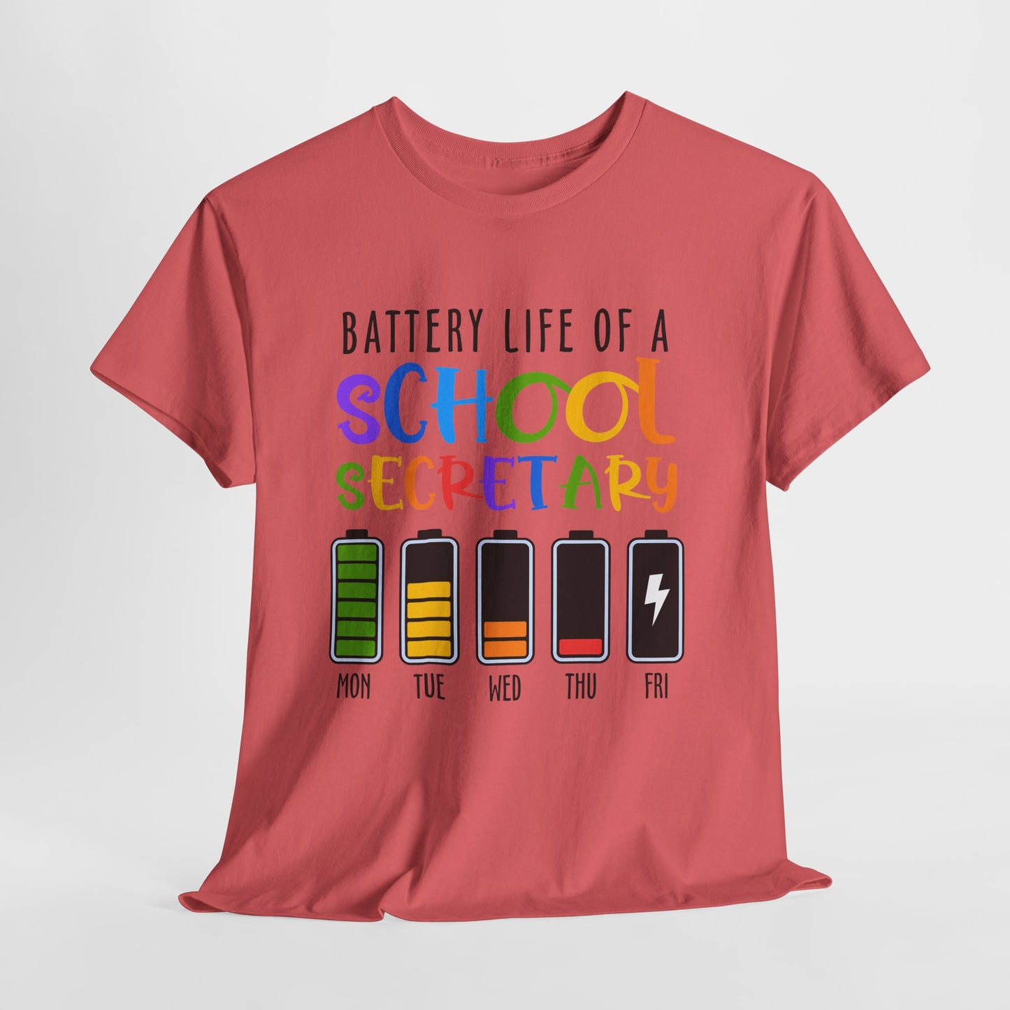 School Secretary Battery Shirt - Funny Rainbow Staff Tee for School Office Life, End of Year Exhaustion Gift for Secretaries