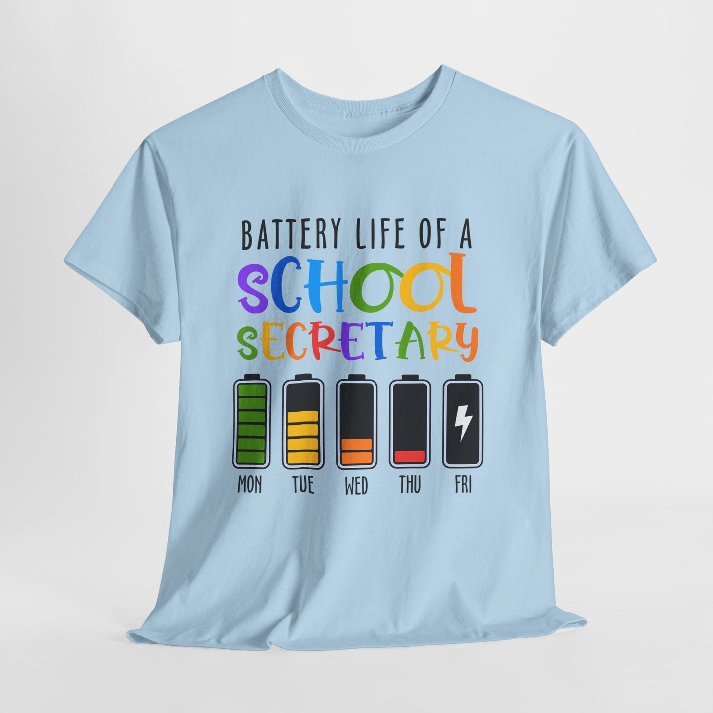 School Secretary Battery Shirt - Funny Rainbow Staff Tee for School Office Life, End of Year Exhaustion Gift for Secretaries