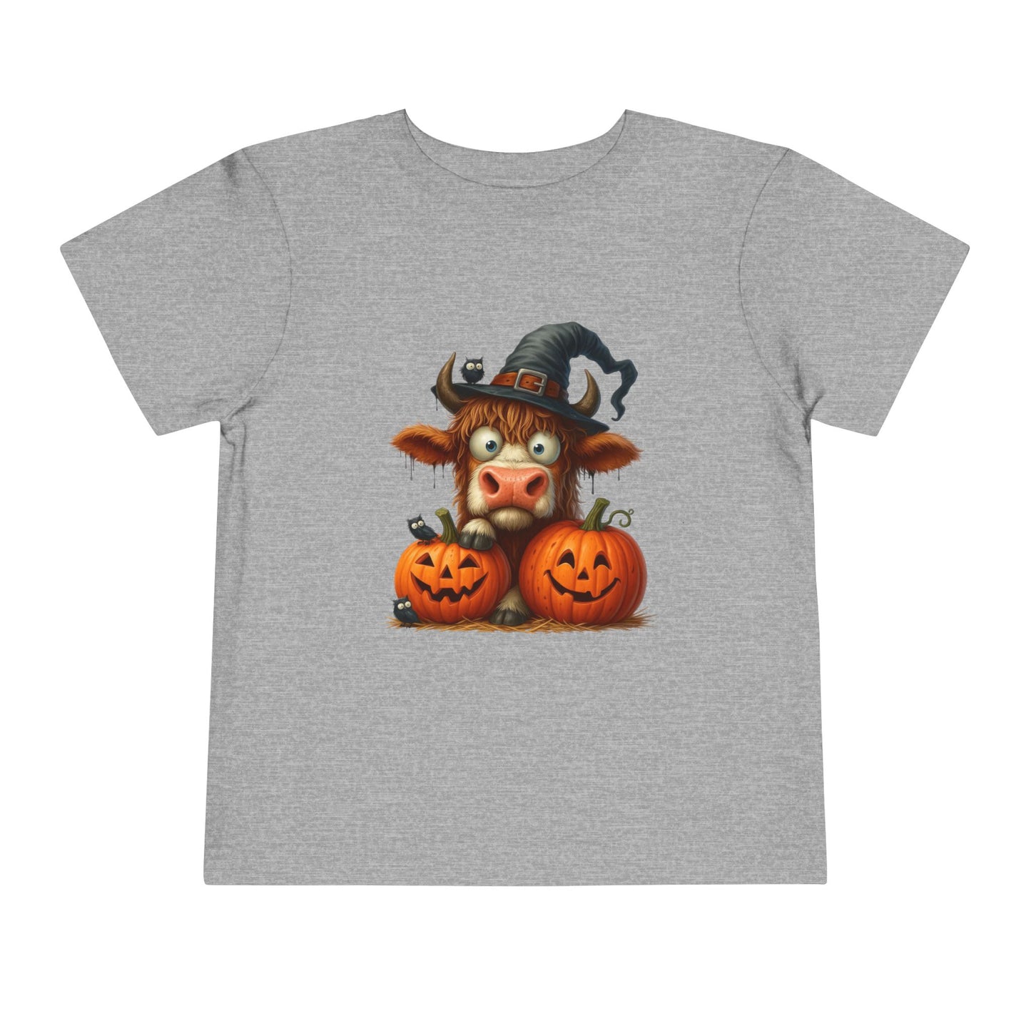 Cute Highland Cow Kids T-Shirt - Witch Hat & Pumpkins Toddler Tee