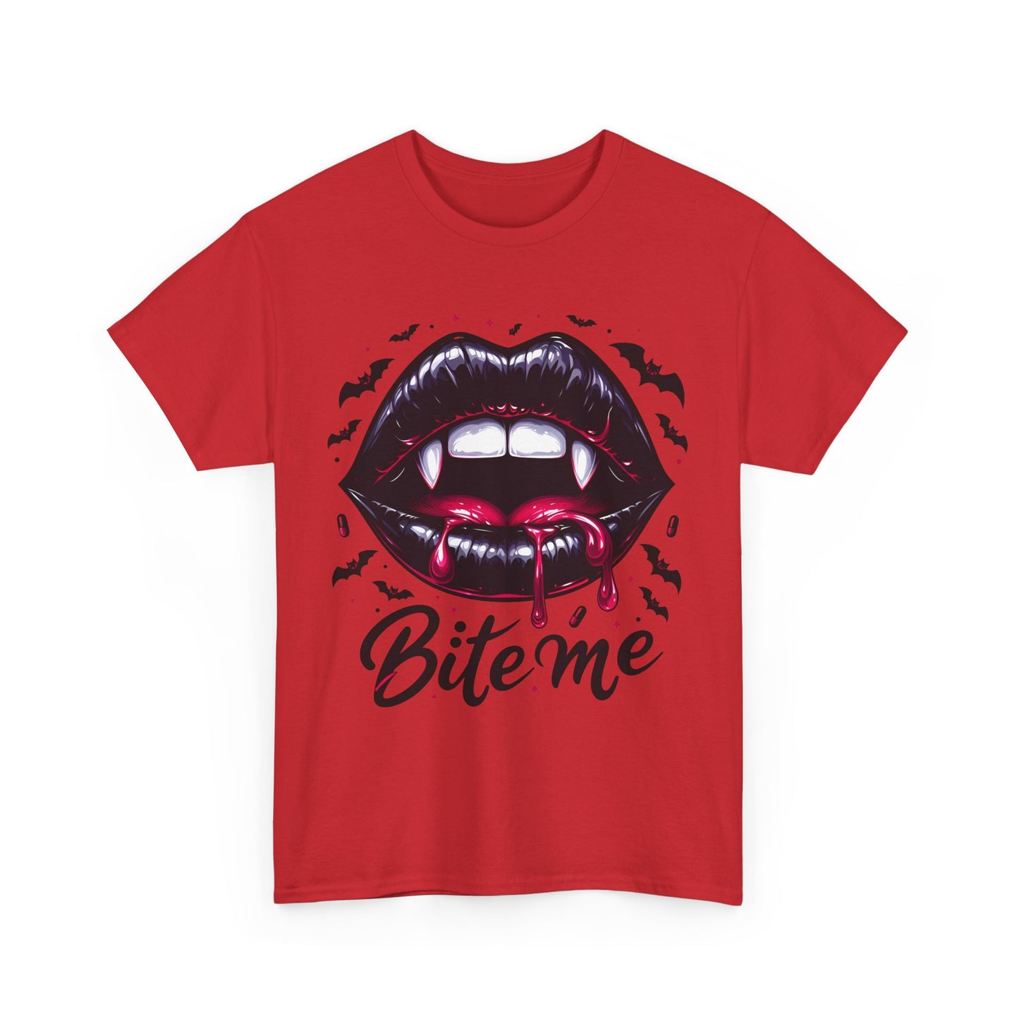 Bite Me Vampire Lips T-Shirt - Gothic Fangs & Bats Halloween Tee