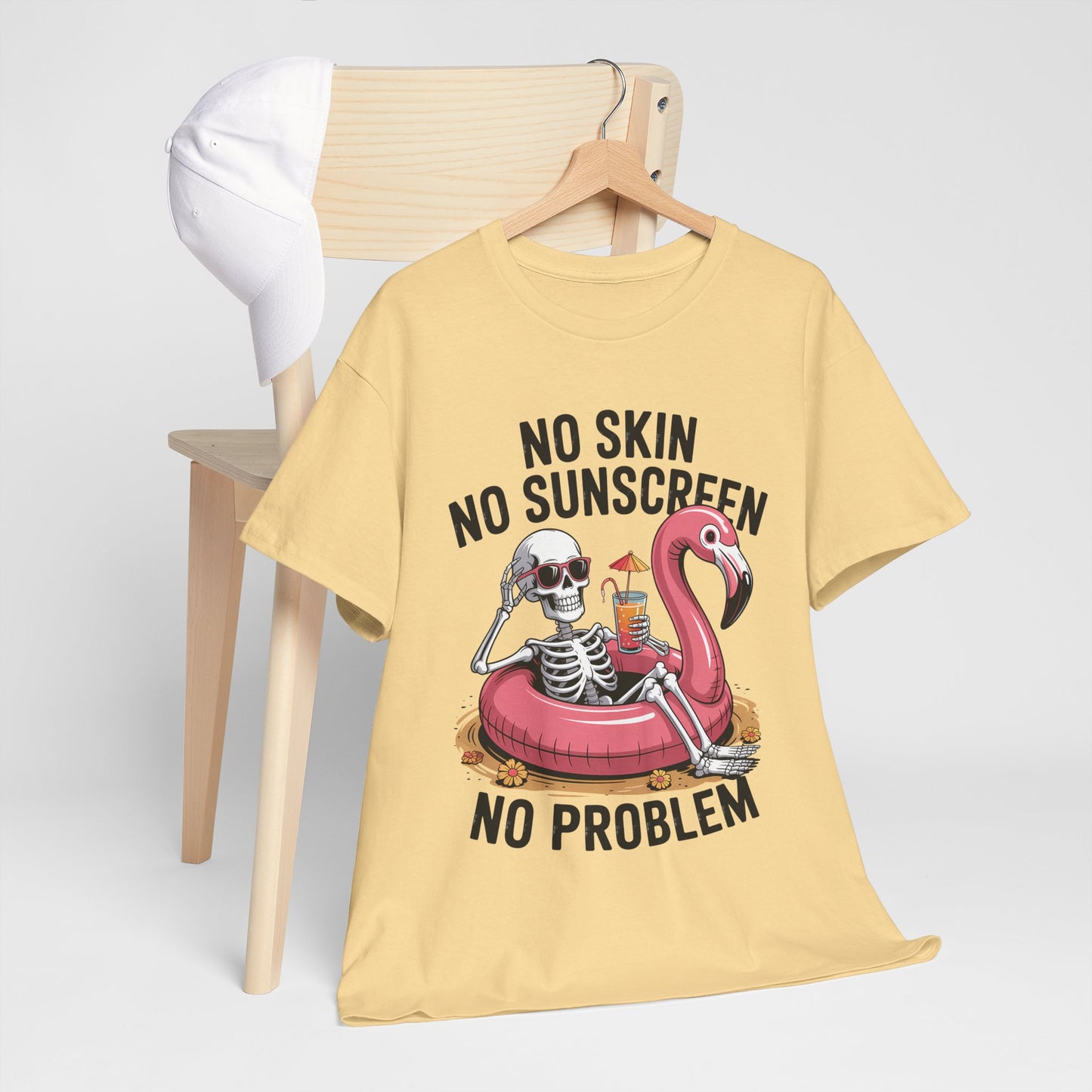 No Skin No Sunscreen T-Shirt - Skeleton Flamingo Summer Tee
