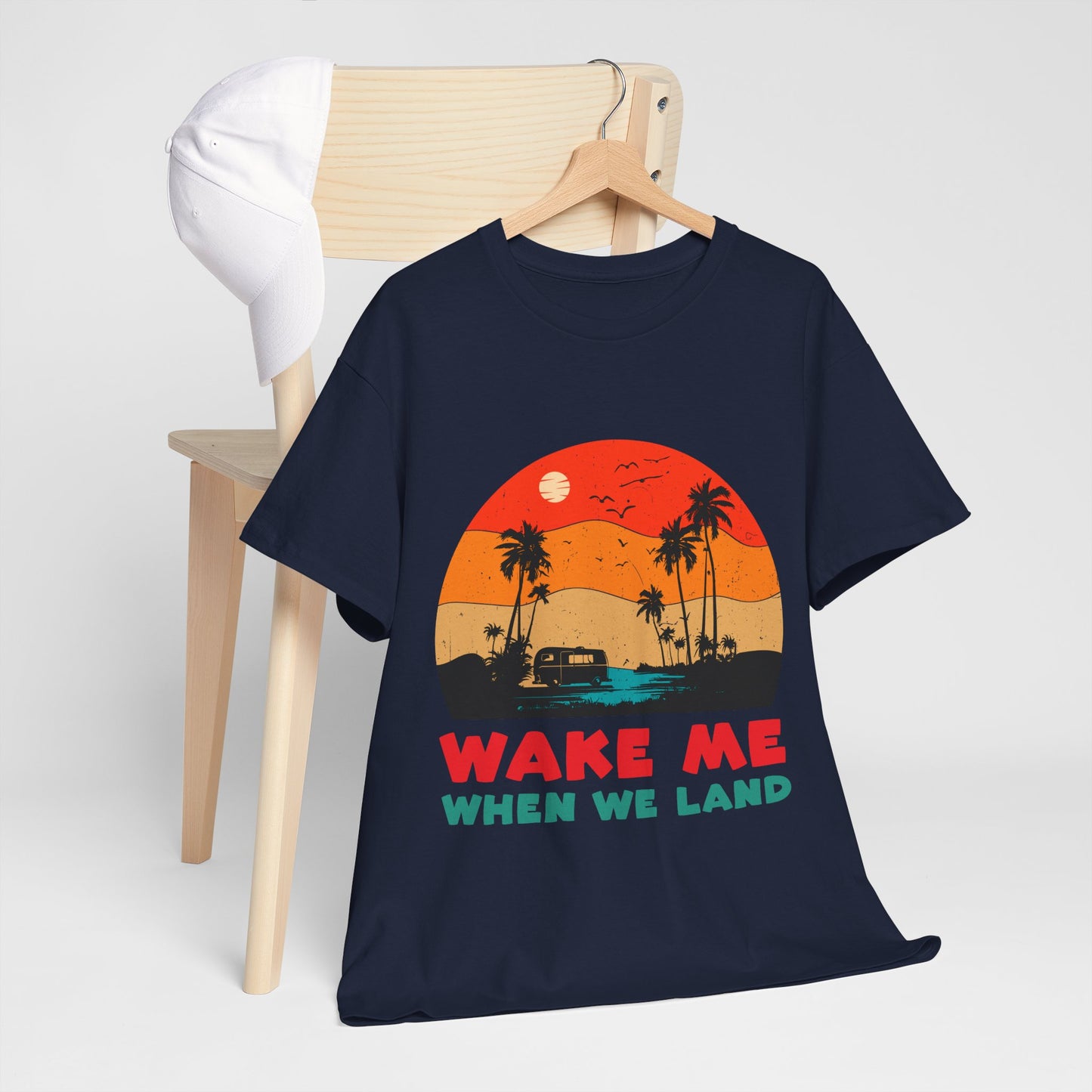 Wake Me When We Land T-Shirt - Funny Jet Lag Travel Retro Sunset Tee