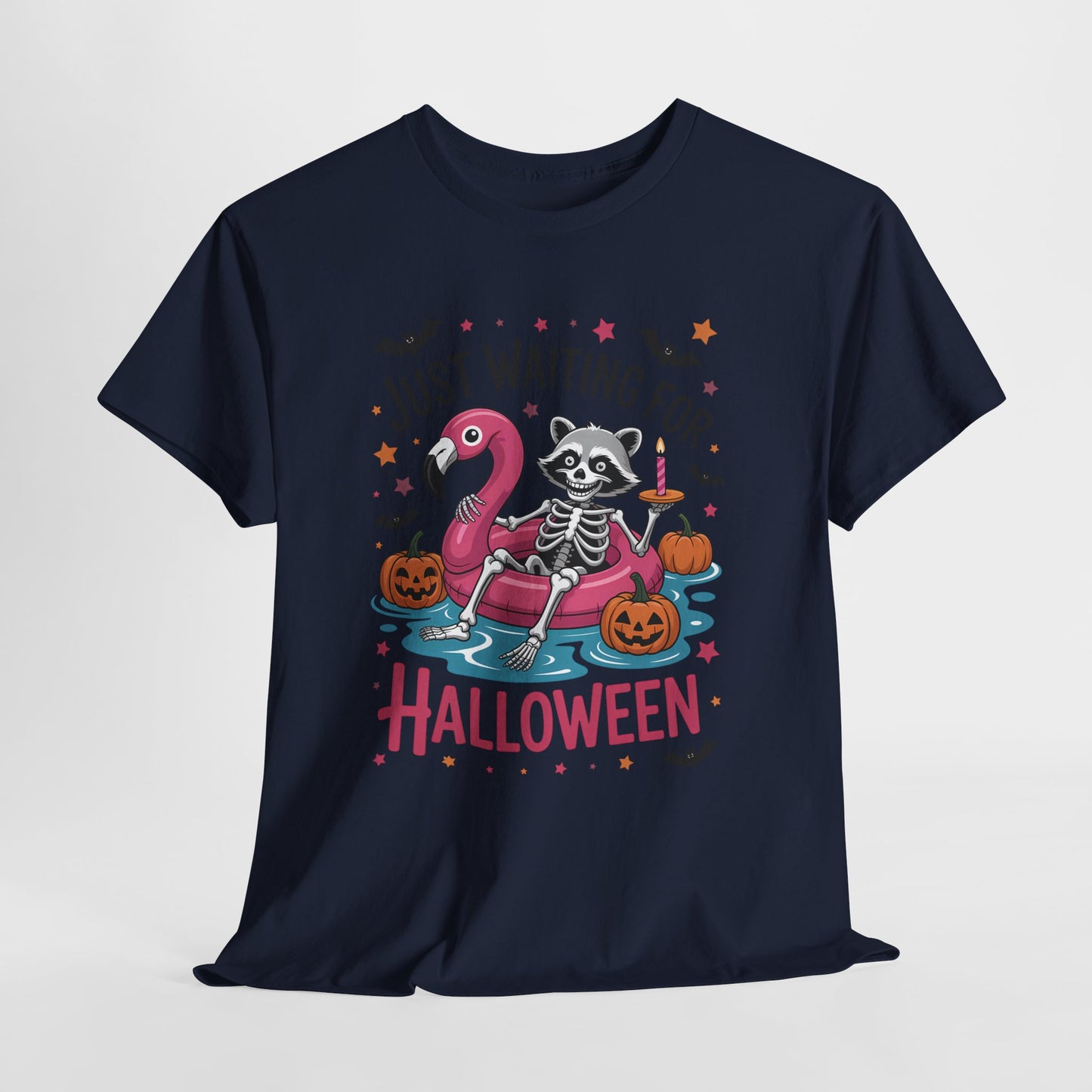 Just Waiting for Halloween T-Shirt - Raccoon Skeleton Flamingo Tee