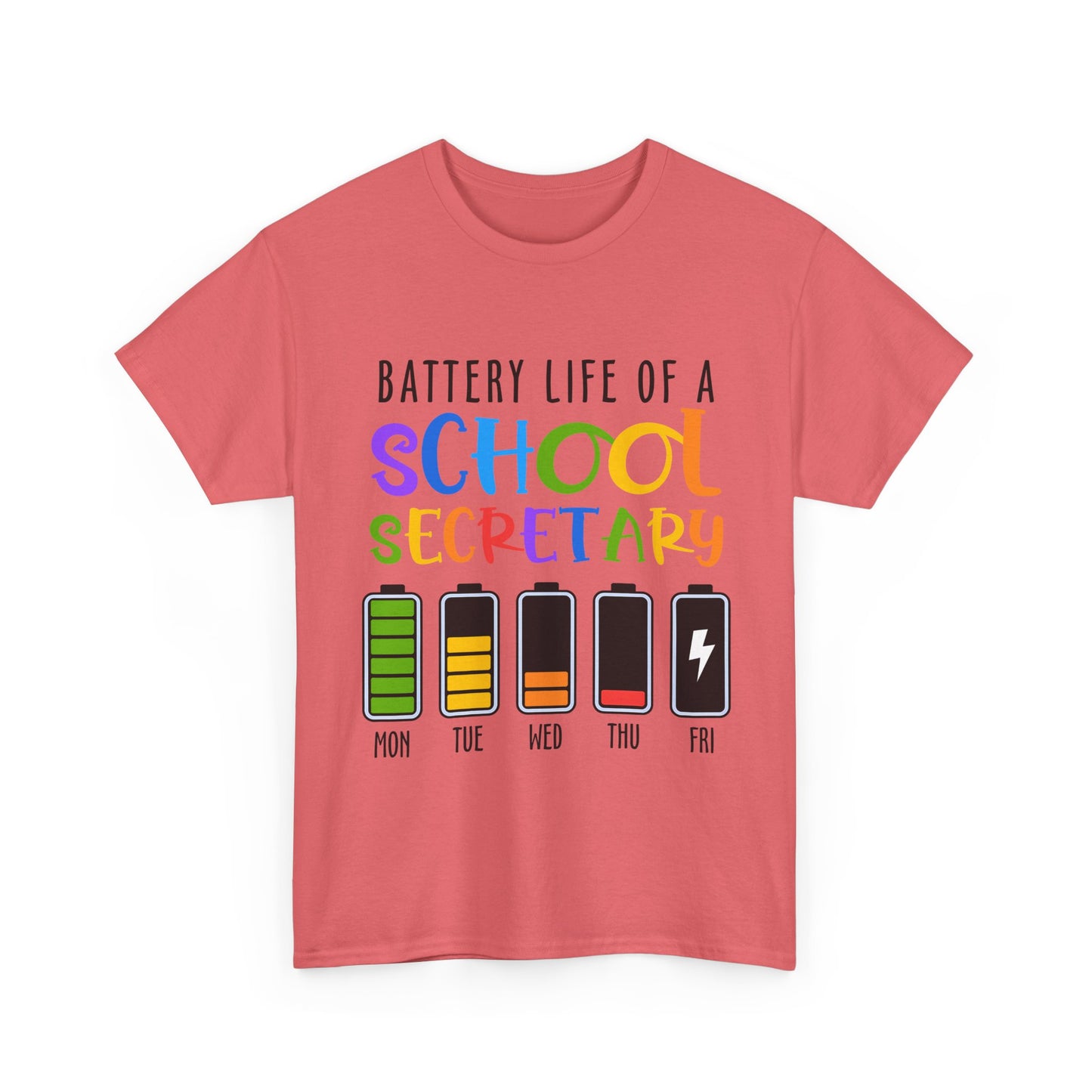 School Secretary Battery Shirt - Funny Rainbow Staff Tee for School Office Life, End of Year Exhaustion Gift for Secretaries