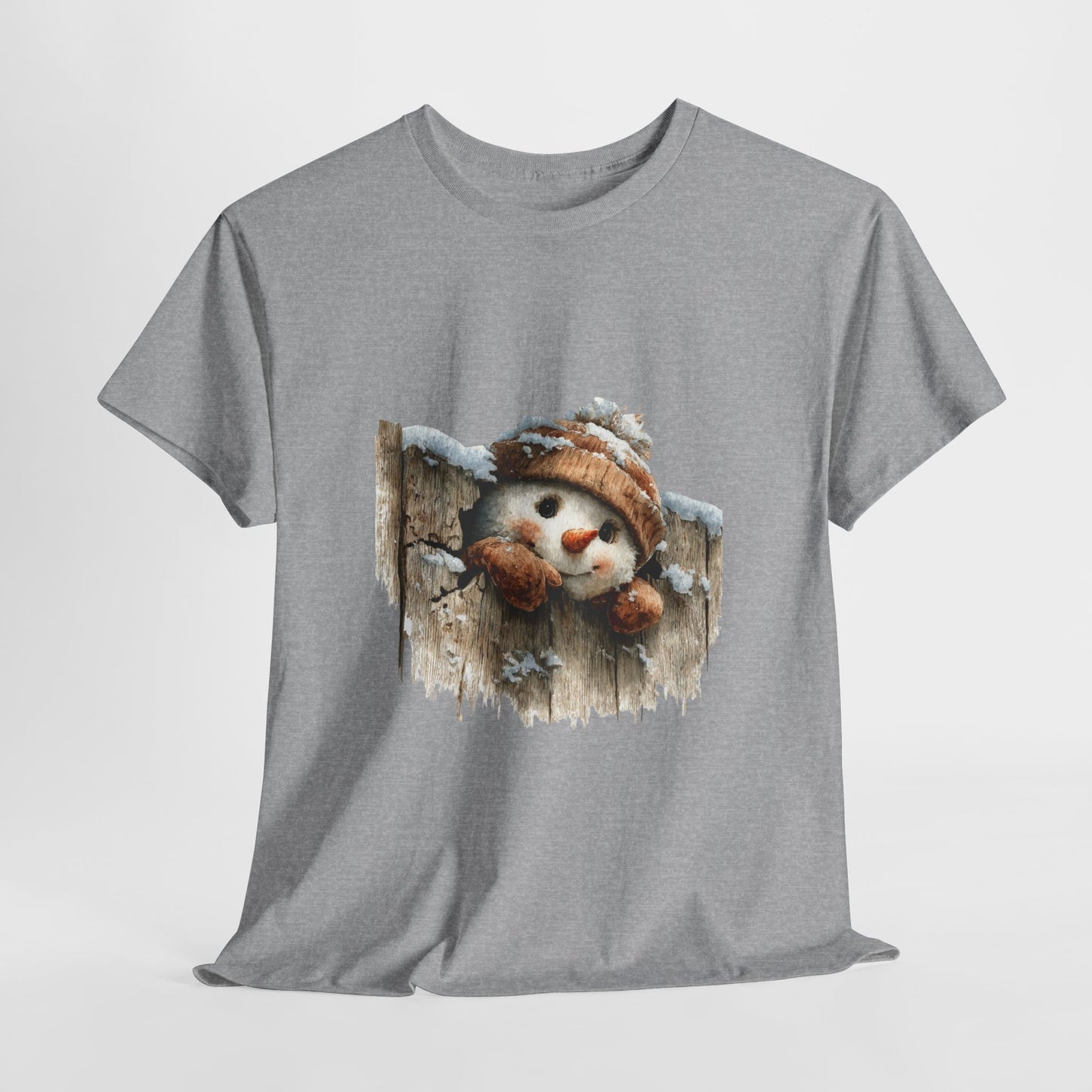 Peeking Snowman Beanie Christmas T-Shirt - Rustic Wood Fence Snowman