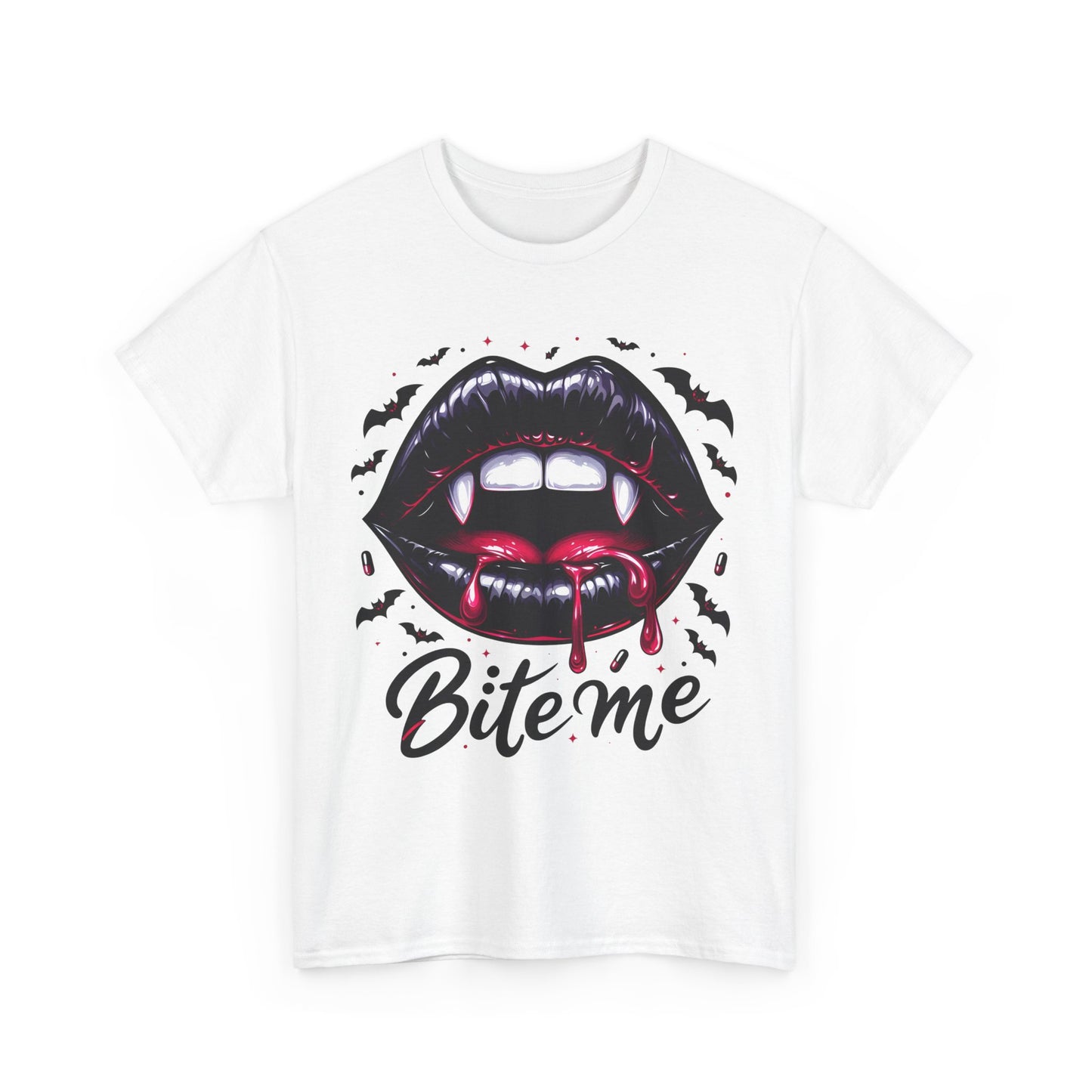 Bite Me Vampire Lips T-Shirt - Gothic Fangs & Bats Halloween Tee