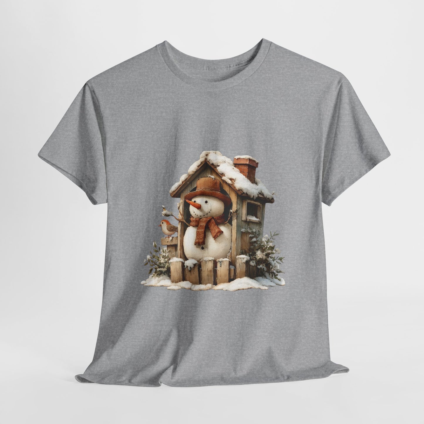 Cabin Porch Snowman Shirt - Rustic Snowman in Little House with Bird