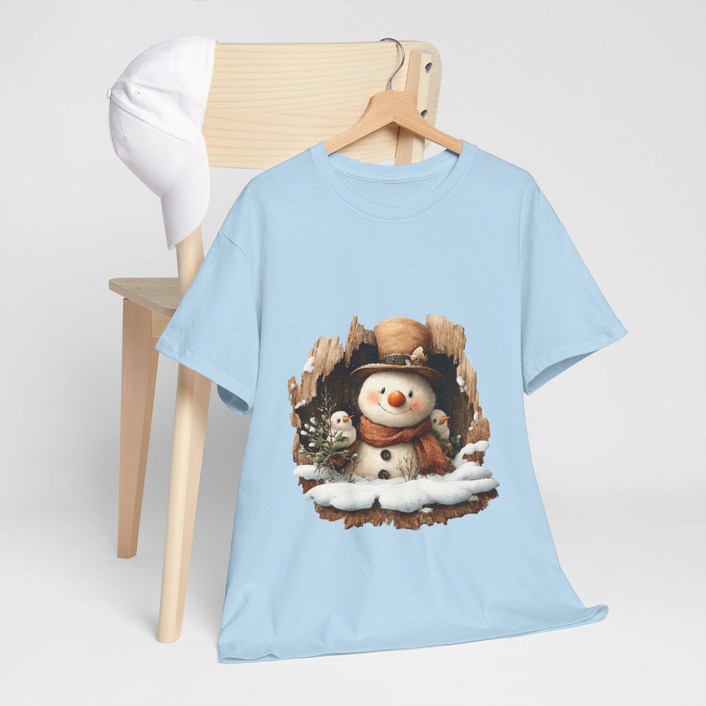 Woodland Snowman with Birds Christmas T-Shirt - Rustic Tree Hollow Snowman