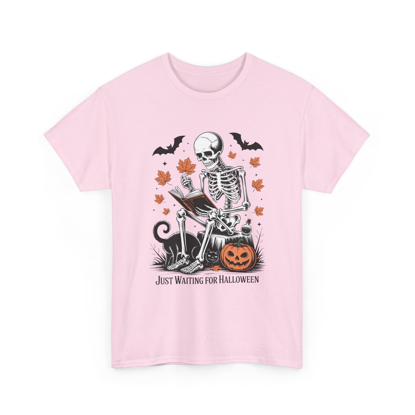 Just Waiting for Halloween T-Shirt - Cozy Spooky Skeleton Reading Tee