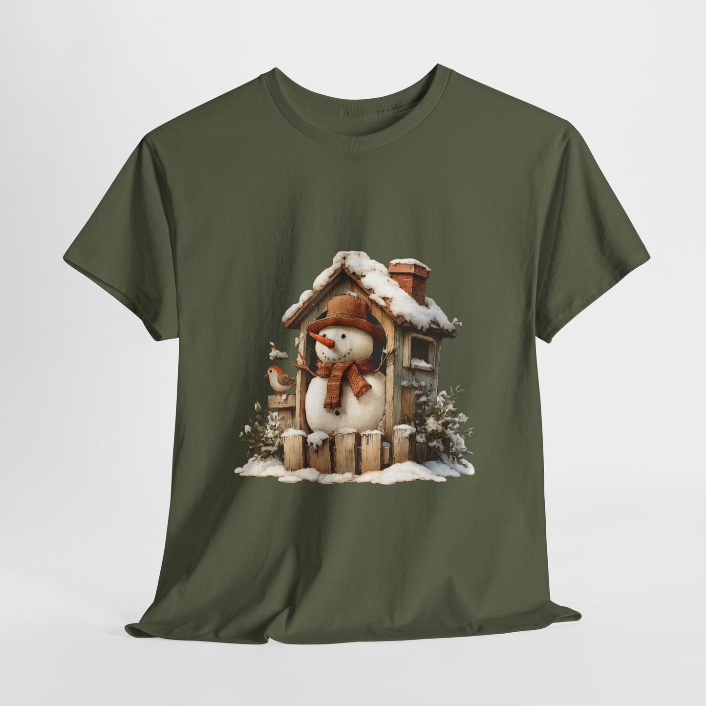 Cabin Porch Snowman Shirt - Rustic Snowman in Little House with Bird