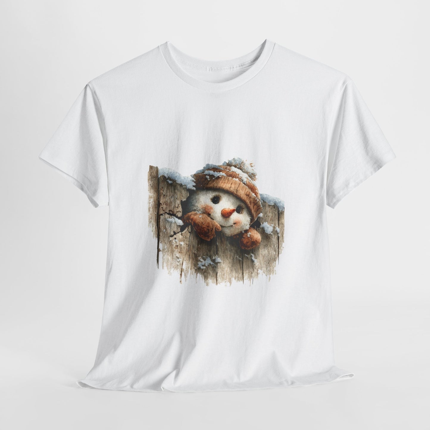 Peeking Snowman Beanie Christmas T-Shirt - Rustic Wood Fence Snowman