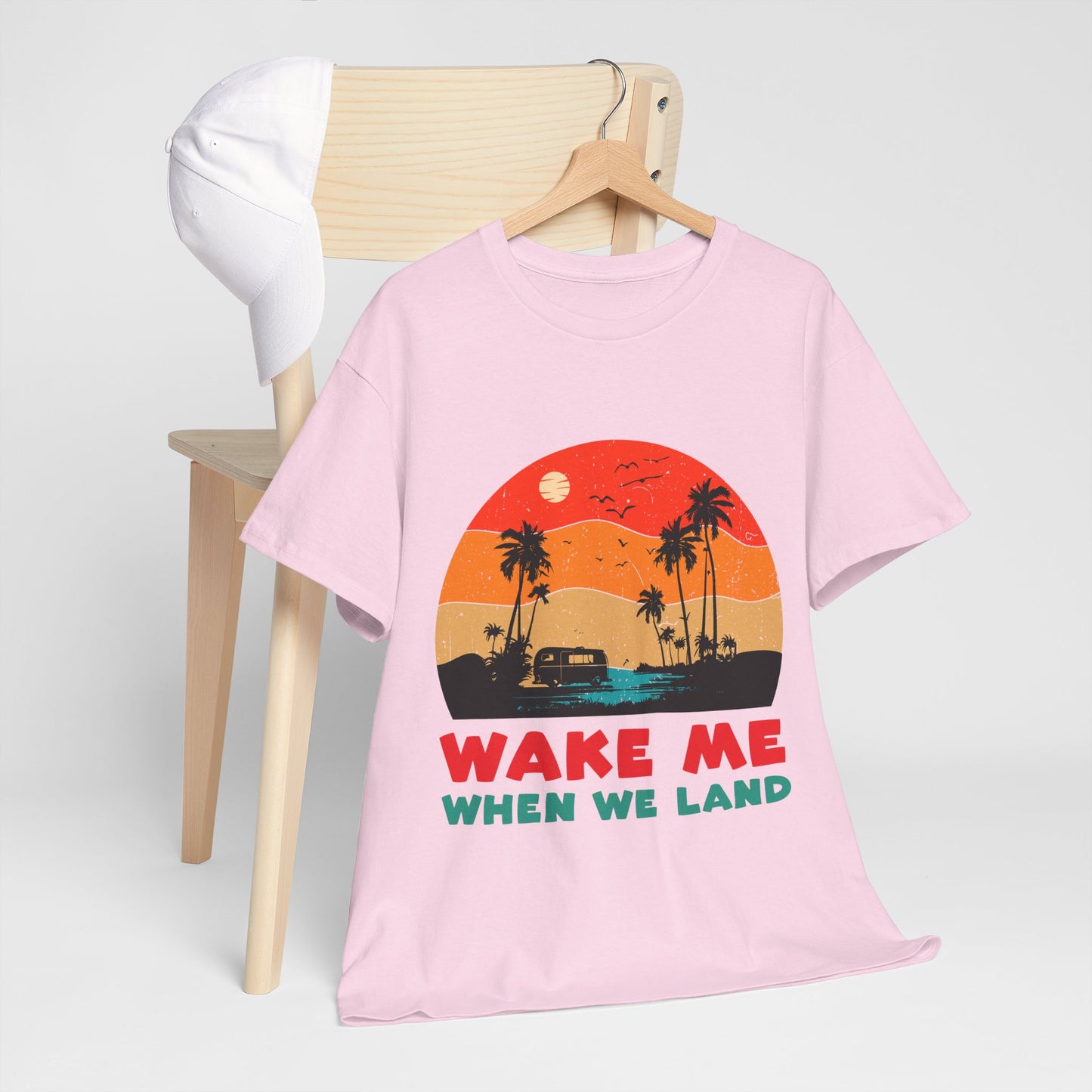 Wake Me When We Land T-Shirt - Funny Jet Lag Travel Retro Sunset Tee