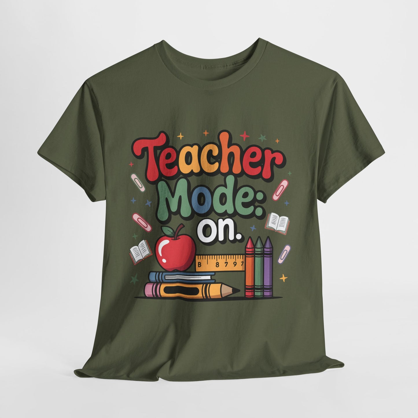 Teacher Mode On Shirt - Cute Back to School Tee with Crayons, Books & Apple, Positive Teacher Gift for Classroom Heroes