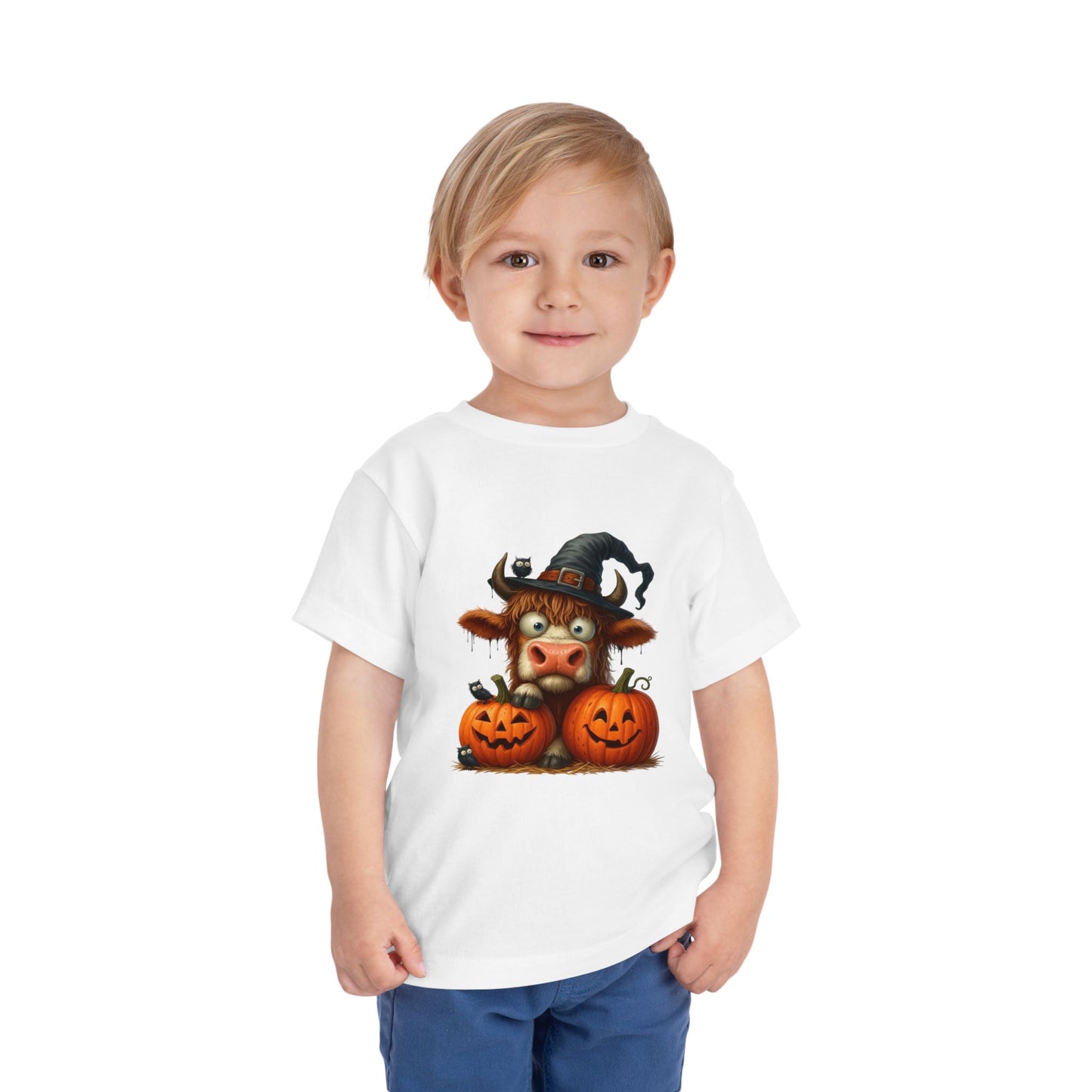Cute Highland Cow Kids T-Shirt - Witch Hat & Pumpkins Toddler Tee