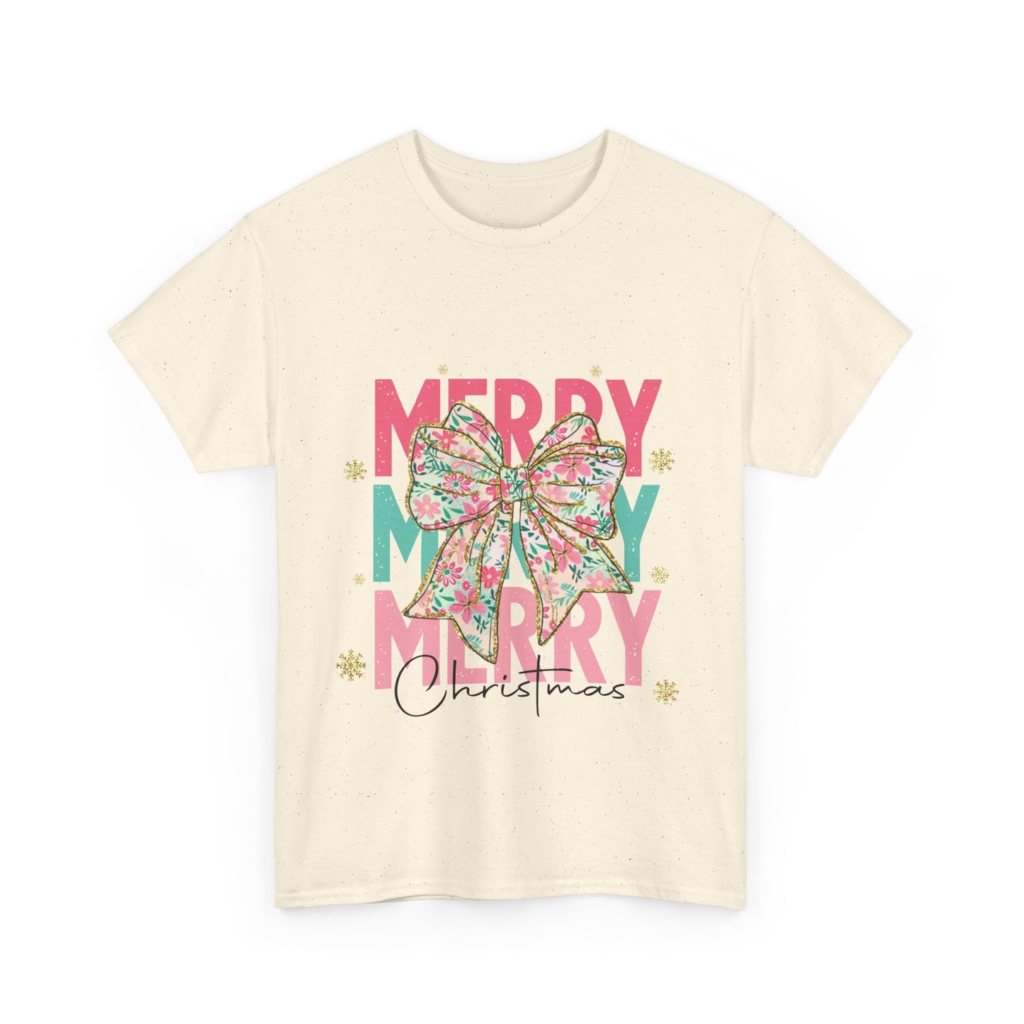 Merry Merry Merry Christmas T-Shirt - Floral Bow Pastel Tee