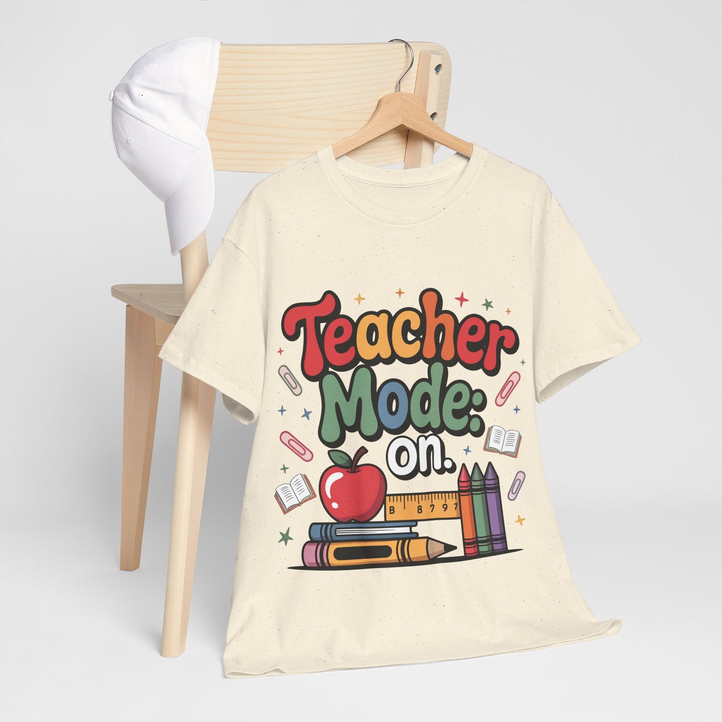 Teacher Mode On Shirt - Cute Back to School Tee with Crayons, Books & Apple, Positive Teacher Gift for Classroom Heroes