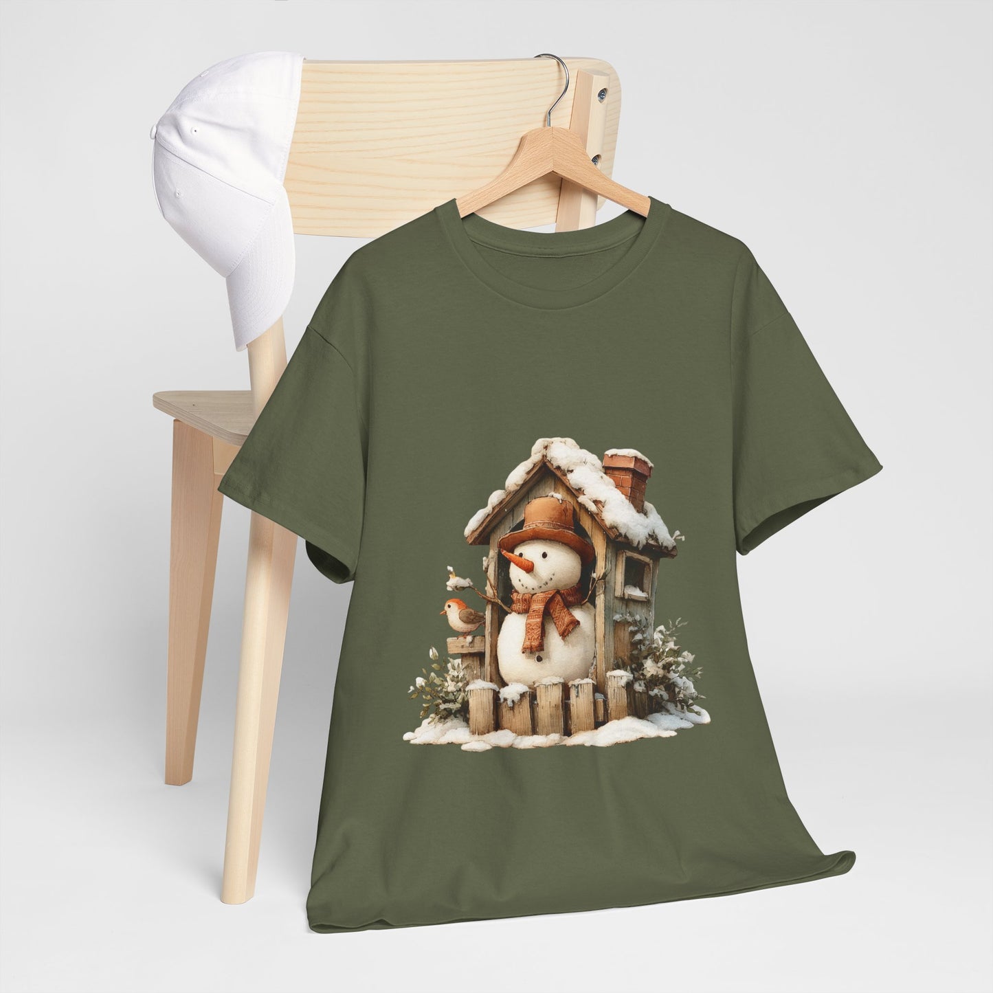 Cabin Porch Snowman Shirt - Rustic Snowman in Little House with Bird