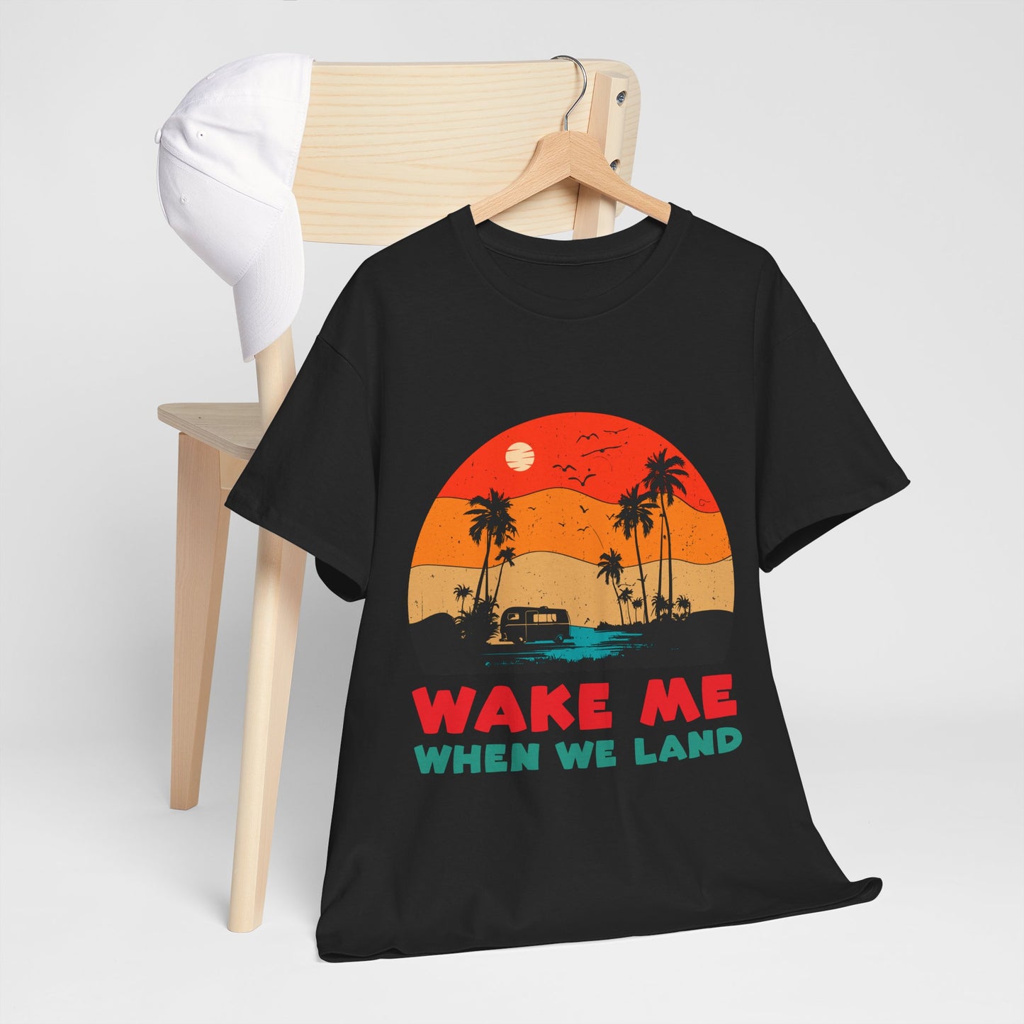 Wake Me When We Land T-Shirt - Funny Jet Lag Travel Retro Sunset Tee