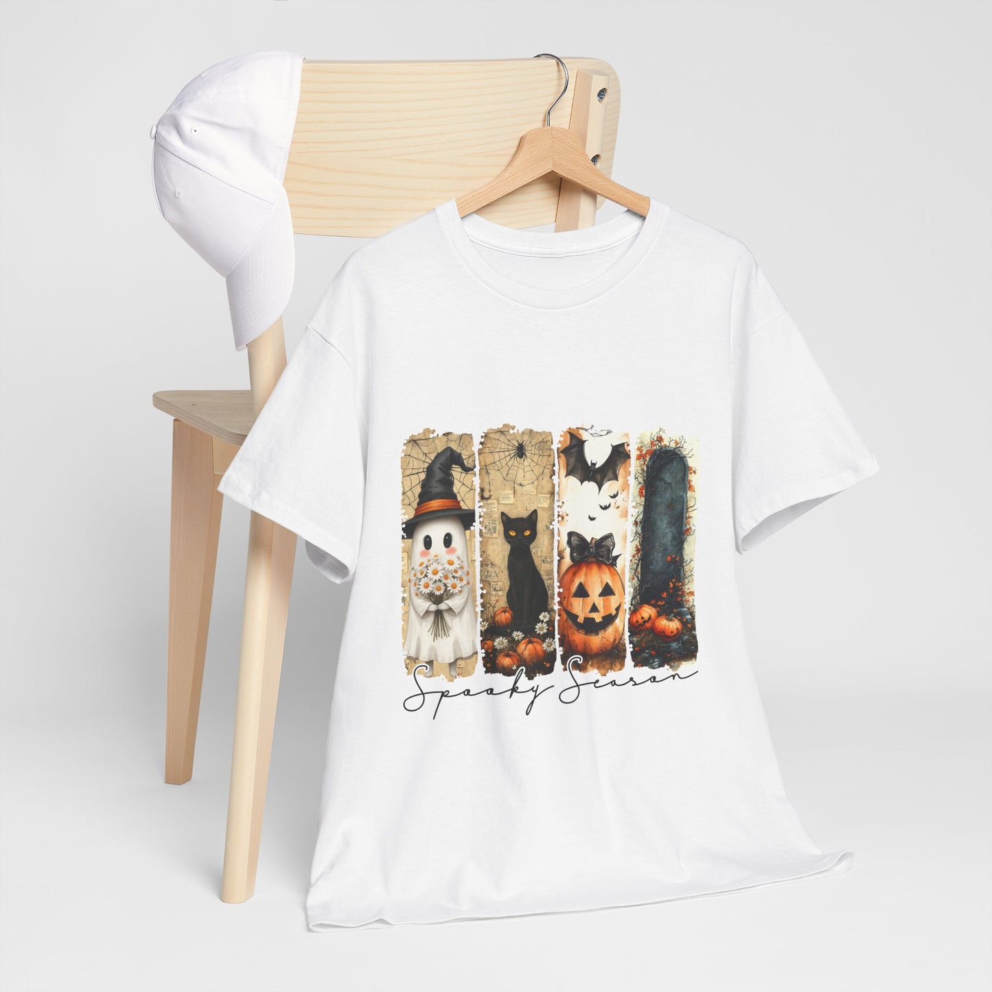 Spooky Season Panels Halloween T-Shirt with Ghost, Black Cat, Jack-O-Lantern & Bats