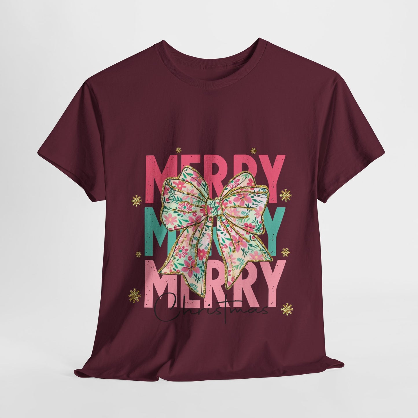 Merry Merry Merry Christmas T-Shirt - Floral Bow Pastel Tee