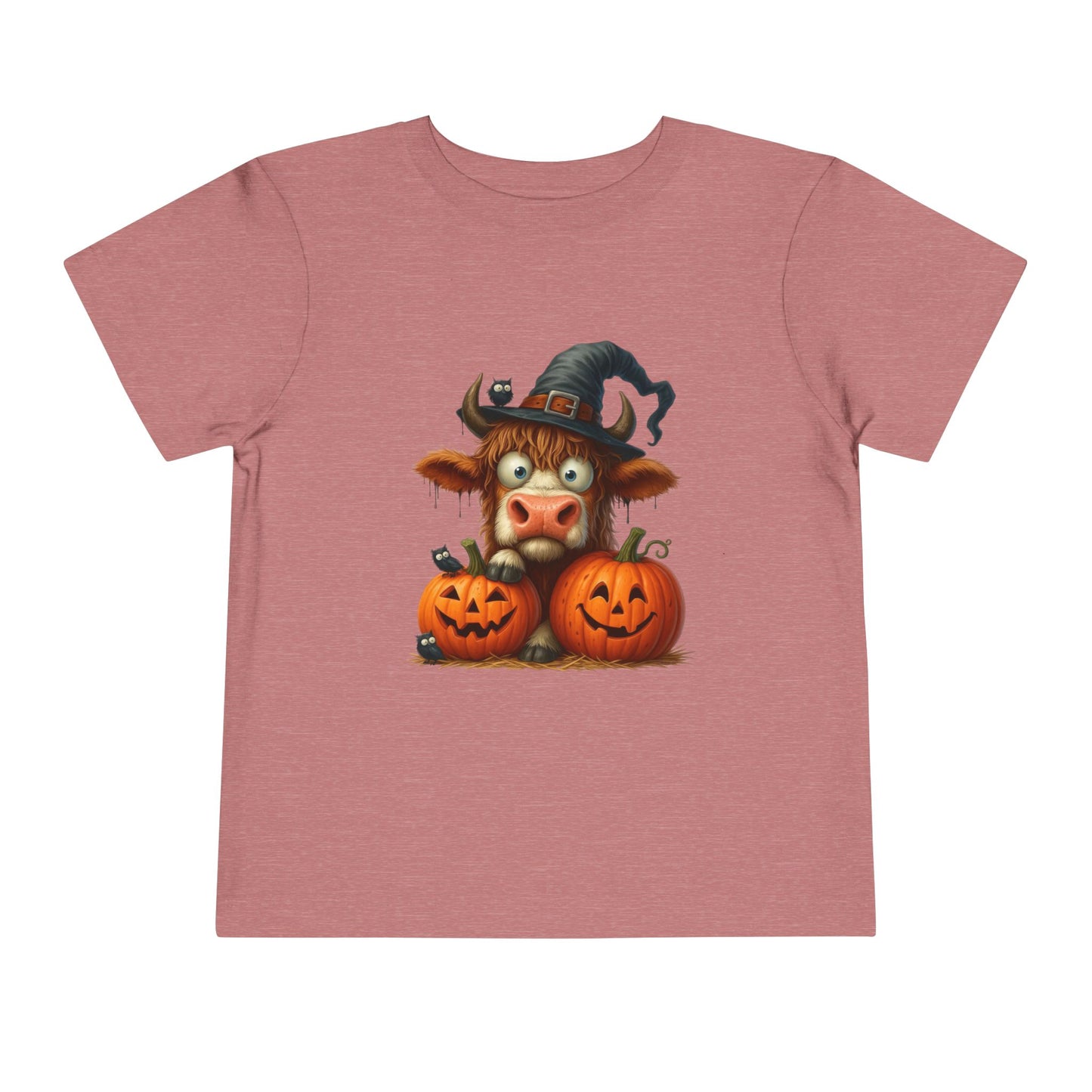 Cute Highland Cow Kids T-Shirt - Witch Hat & Pumpkins Toddler Tee