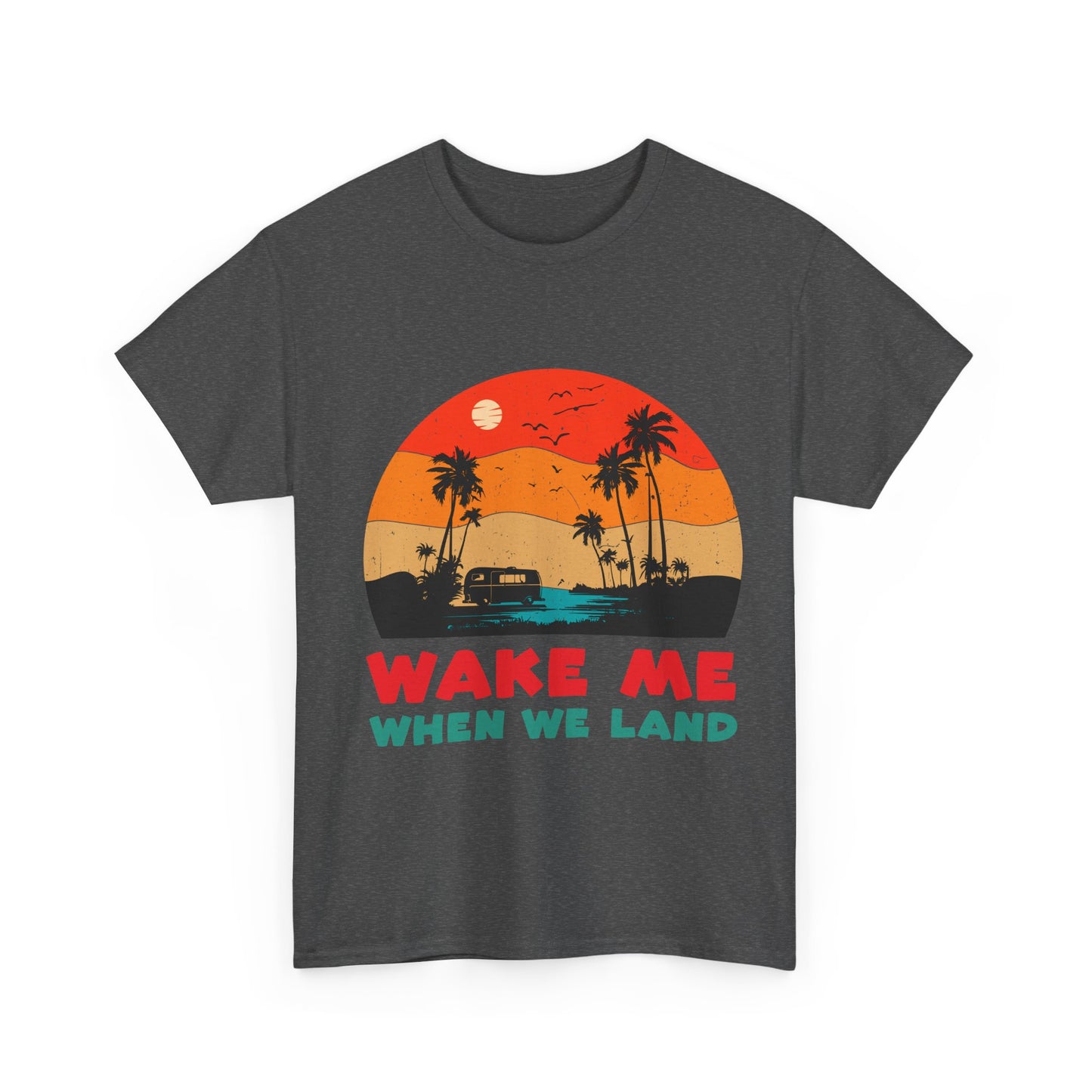 Wake Me When We Land T-Shirt - Funny Jet Lag Travel Retro Sunset Tee