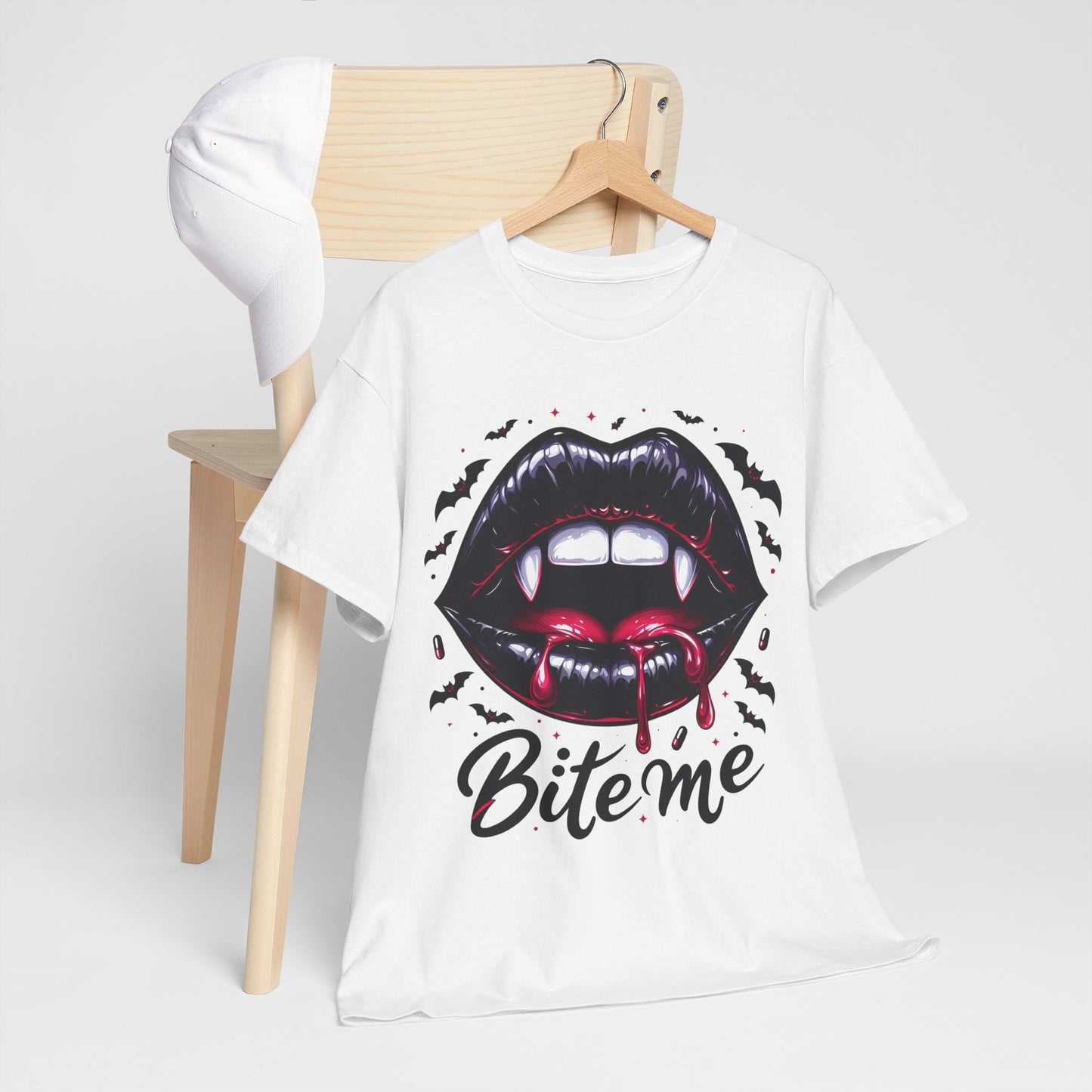 Bite Me Vampire Lips T-Shirt - Gothic Fangs & Bats Halloween Tee