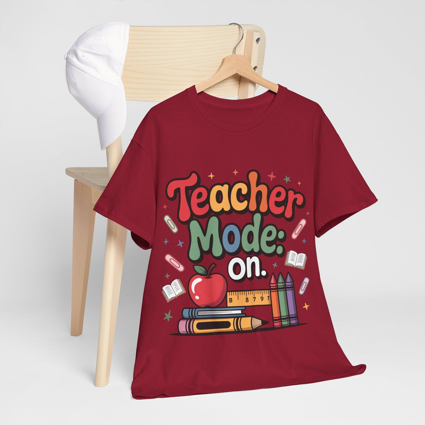 Teacher Mode On Shirt - Cute Back to School Tee with Crayons, Books & Apple, Positive Teacher Gift for Classroom Heroes