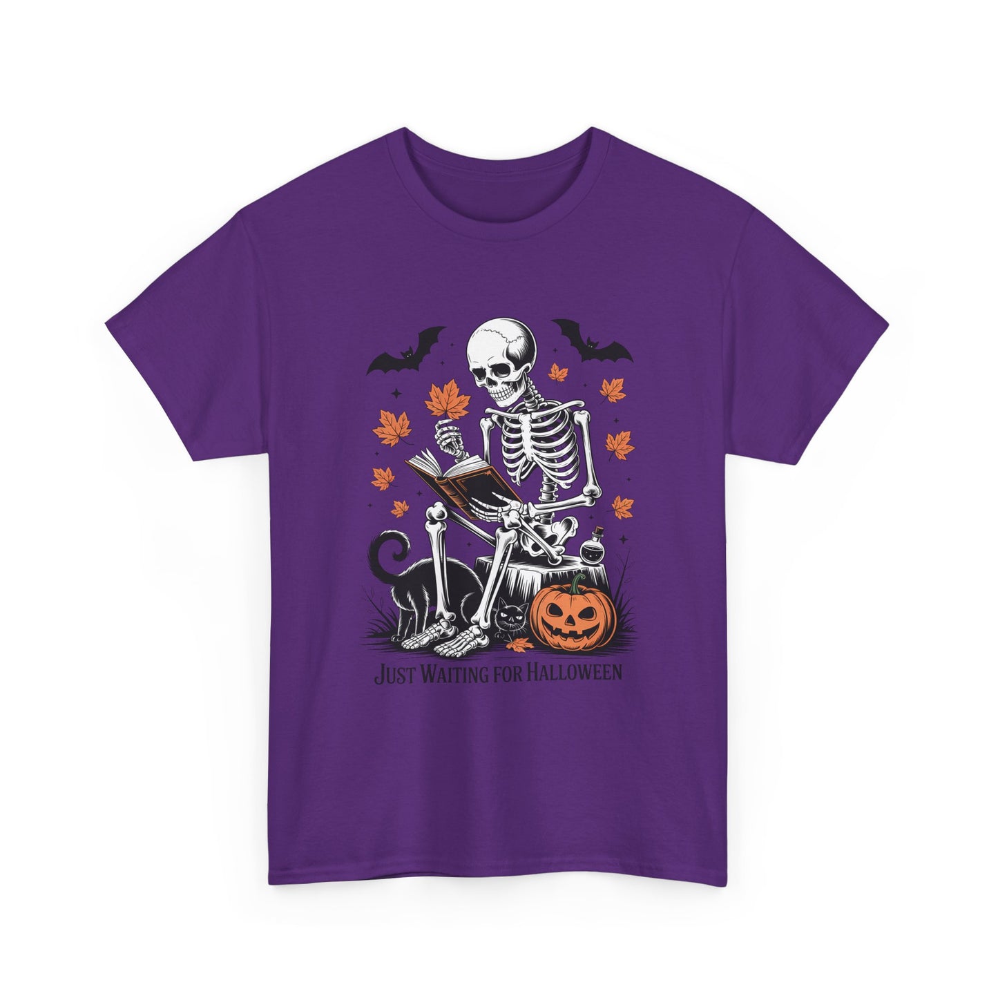 Just Waiting for Halloween T-Shirt - Cozy Spooky Skeleton Reading Tee