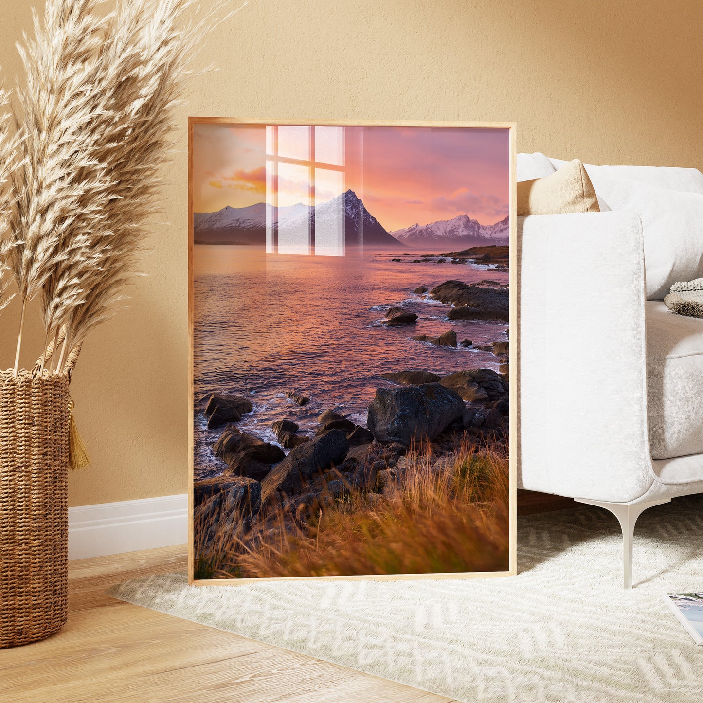 Nordic Coastal Sunset – Pink Sky Seascape, Mountain Ocean Wall Art