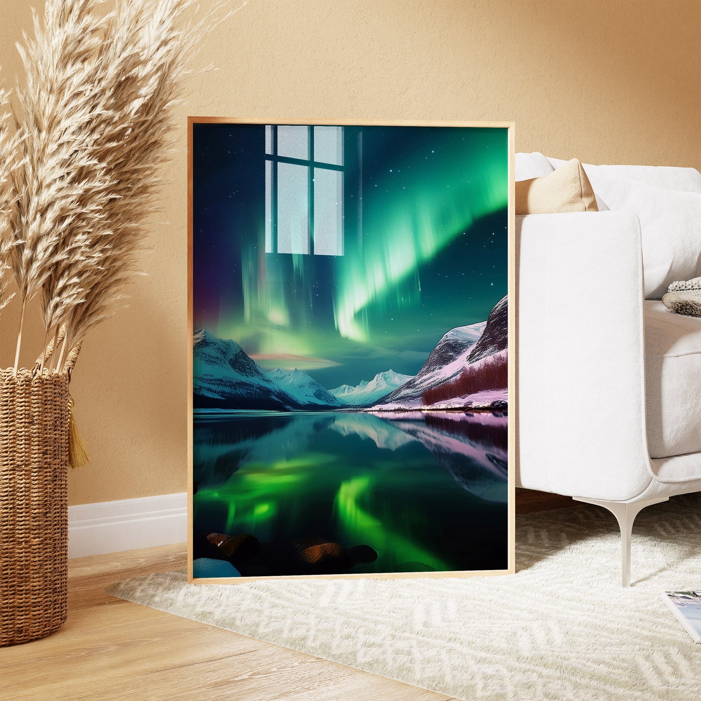 Nordische Aurora Borealis – Nordlichter über schneebedeckten Bergen Wandkunst