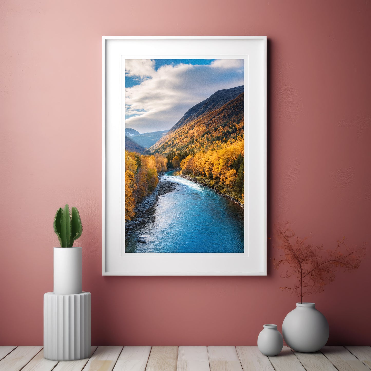 Norway Autumn River – Golden Fall, Blue River Wall Art