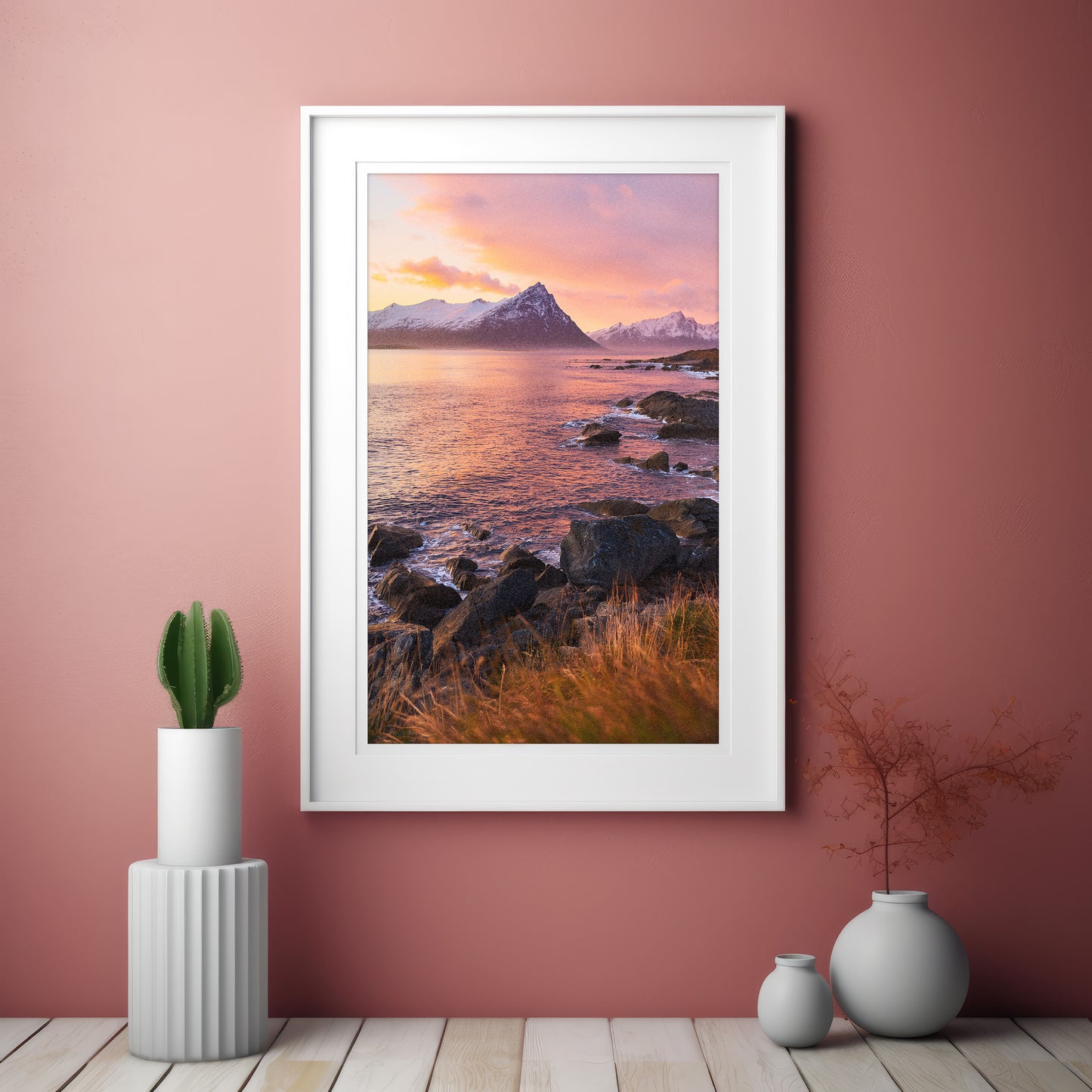 Nordic Coastal Sunset – Pink Sky Seascape, Mountain Ocean Wall Art