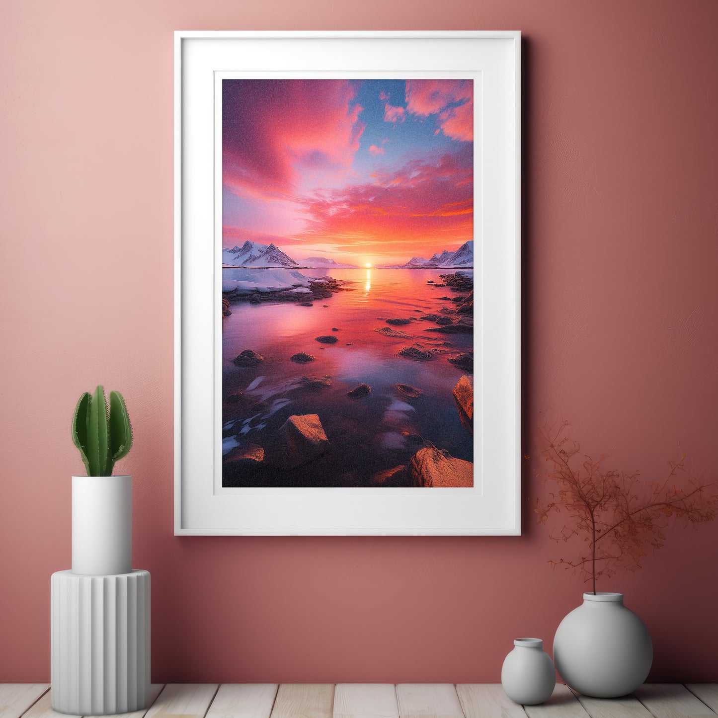 Arctic Sunset Landscape - Pink & Orange Nordic Coastal Wall Art
