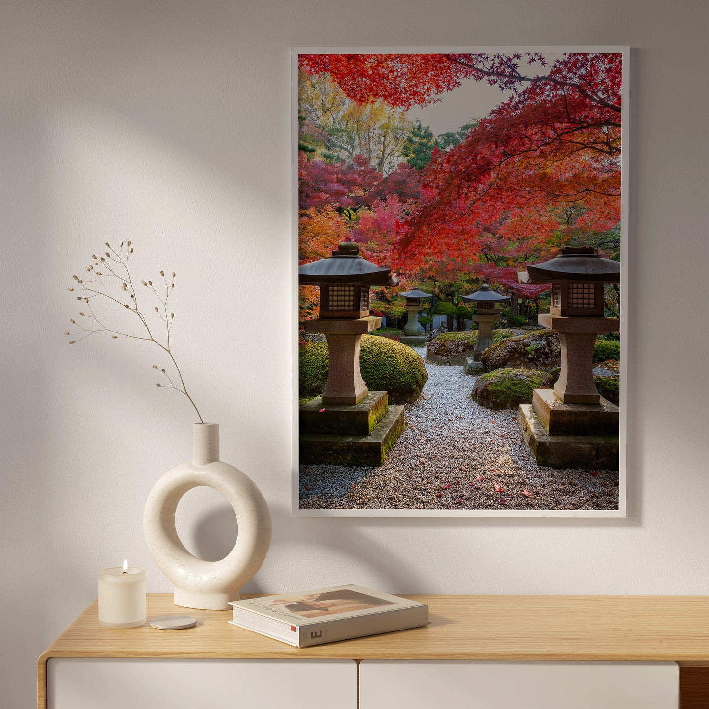 Japanese Garden Lanterns Autumn – Zen Maple Foliage Wall Art